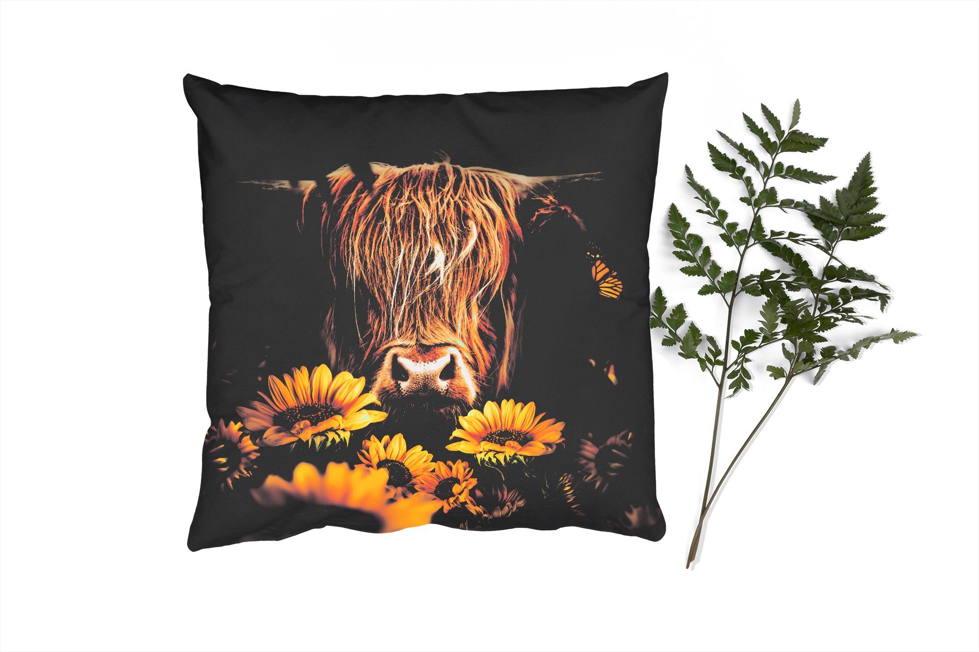 MuchoWow Dekokissen Schottische Highlander - Blumen - Kuh - Botanisch - Tiere, Zierkissen mit Füllung für Wohzimmer, Schlafzimmer, Deko, Sofakissen