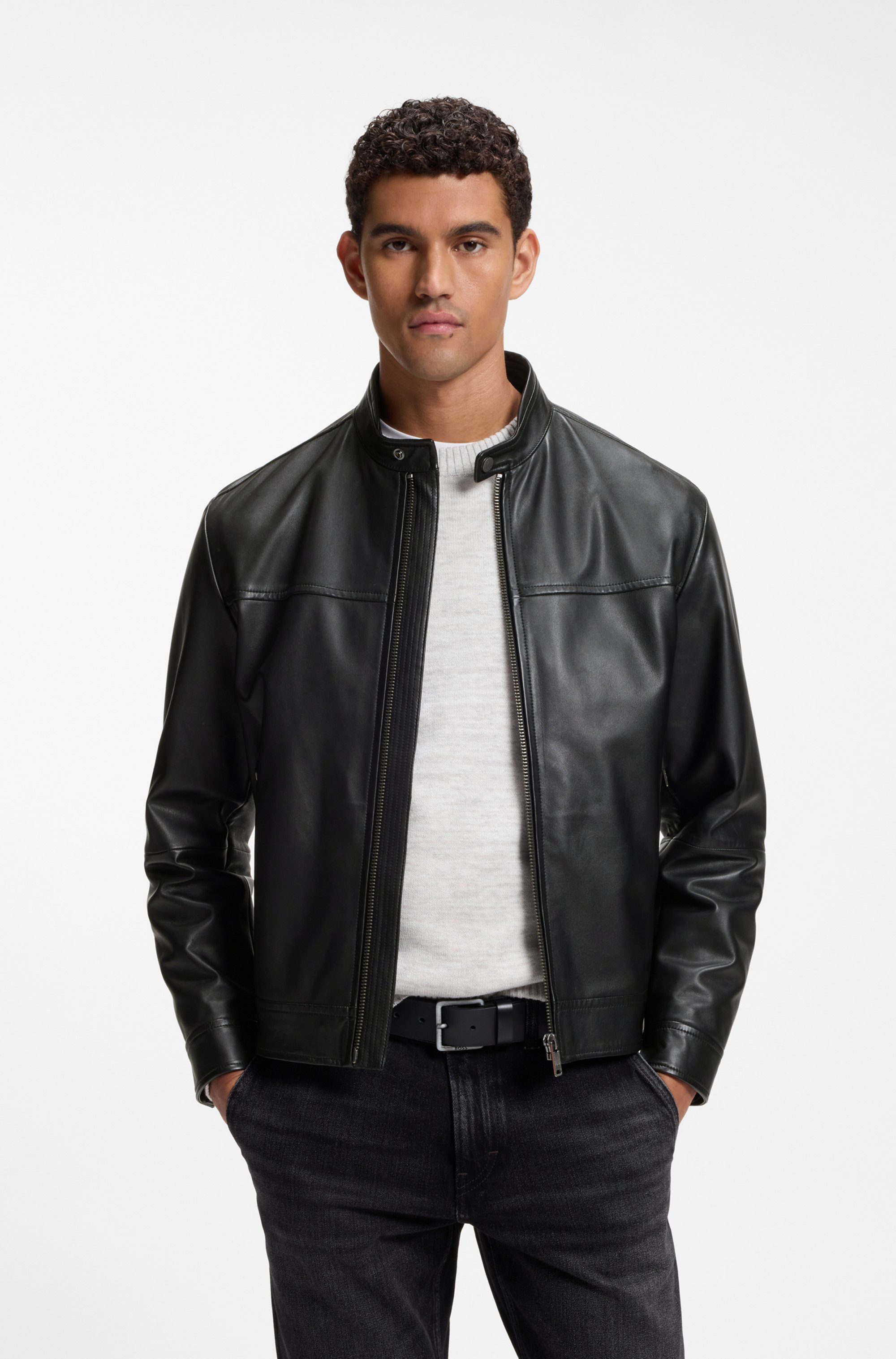 BOSS ORANGE Lederjacke Joslay1 aus hochwertigem Nappa-Glattleder, Slim Fit, Metallreißverschluss
