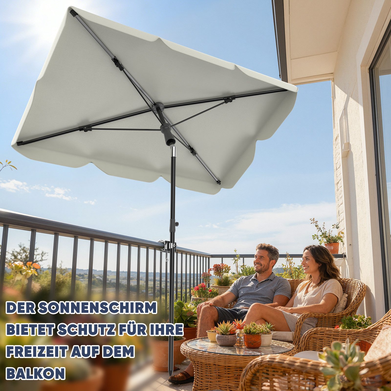 Huracan Balkonschirm Klemmbarer Balkonschirm Ohne Ständer, Rechteckig Neigbar 45°, Sonnenschirm Balkon mit UV-Schutz & Rostbeständig