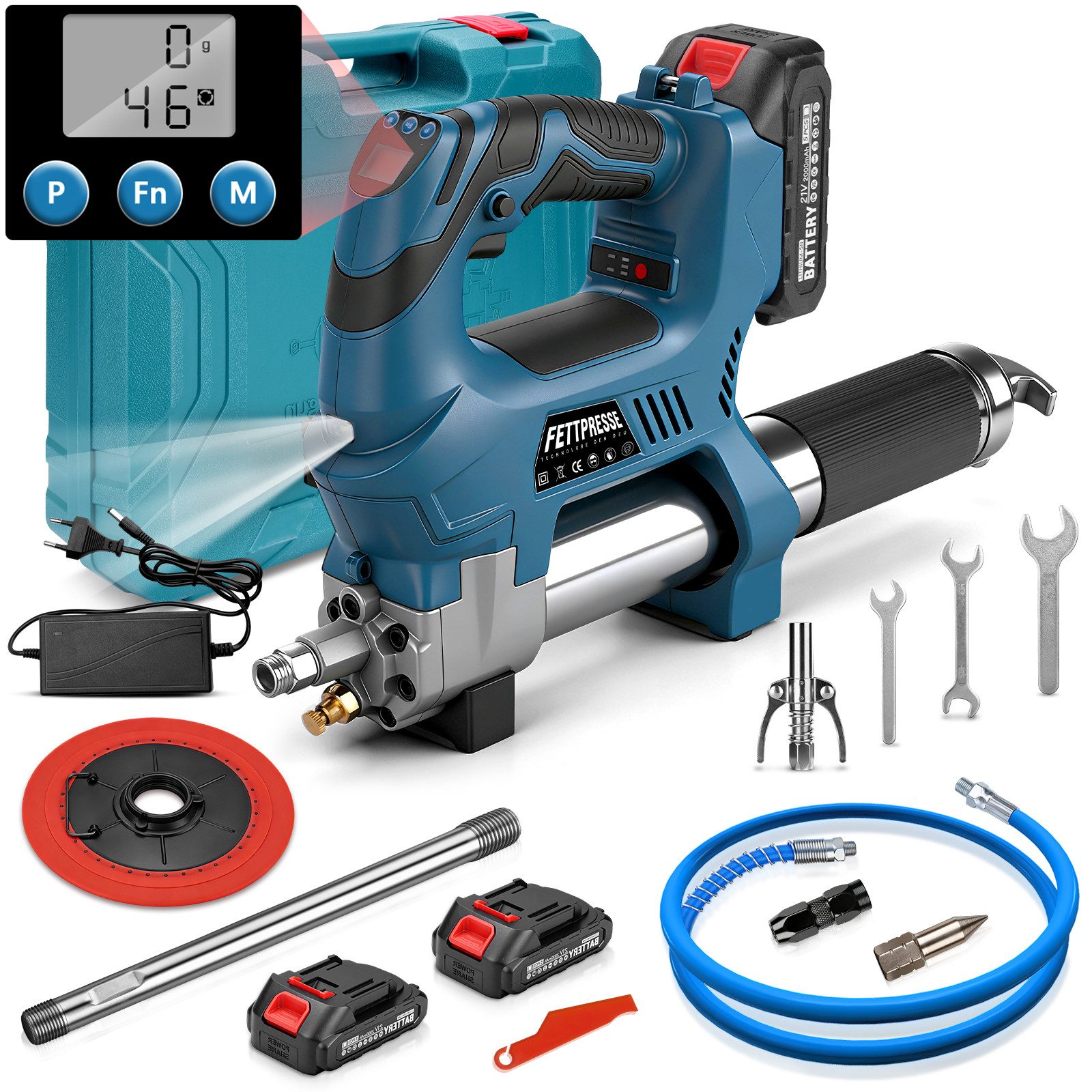 XERSEK Akku-Kartuschenpistole 15000PSI Akku-Fettpresse mit 3 Düse, LED-Licht, Elektro Schmierpistole, (Mengenzähler, 1m Schlauch, Zyklische Dosierung Kompatibel Makita Akkus, 18cm Verzinktes Rohr), Zwei Befüllarten: Kartusche, Fettbehälter. Für Lager, Maschinen u.v.m.