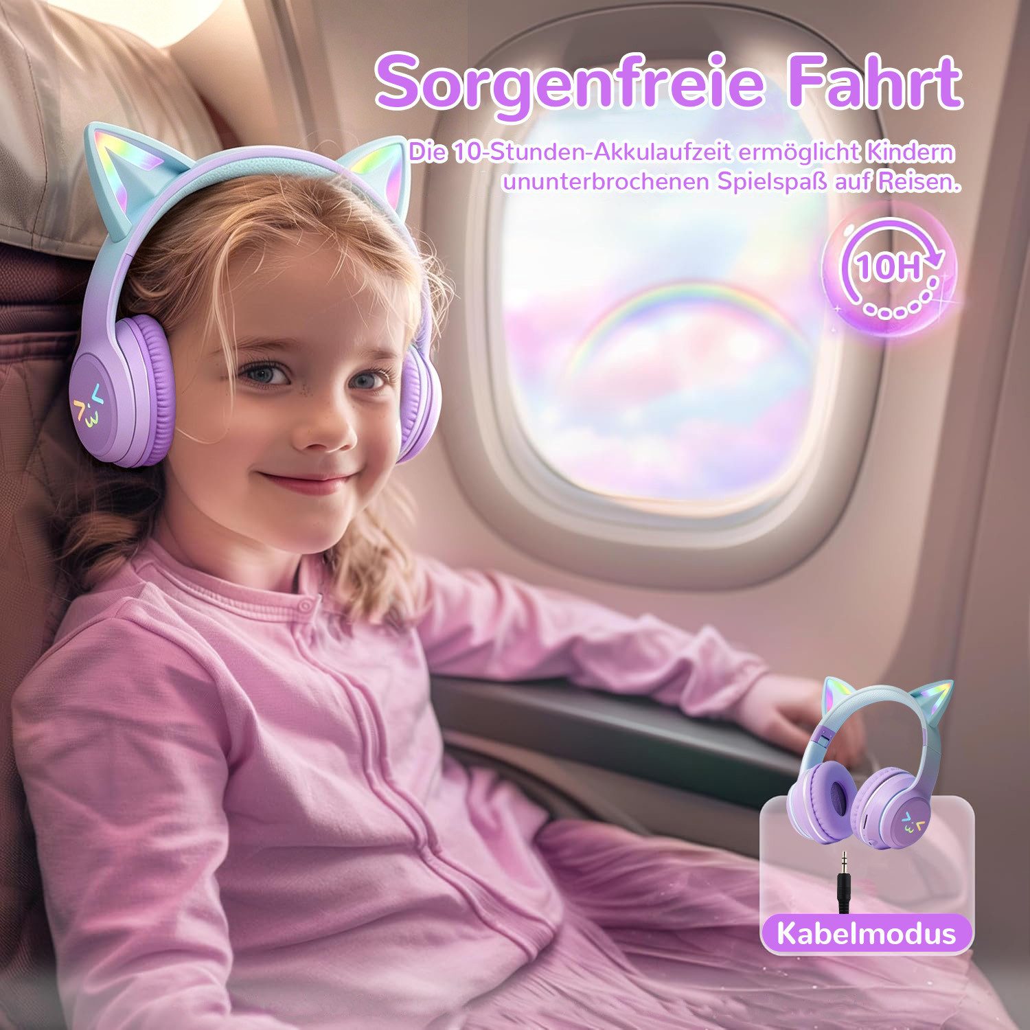 FOSMET Bluetooth Kopfhörer Kinder mit LED-Leuchten 60dBA Lautstärkebegrenzung Over-Ear-Kopfhörer (10 Stunden Spielzeit, Stereo-Sound, Kinderkopfhörer für Tablet/Reisen)