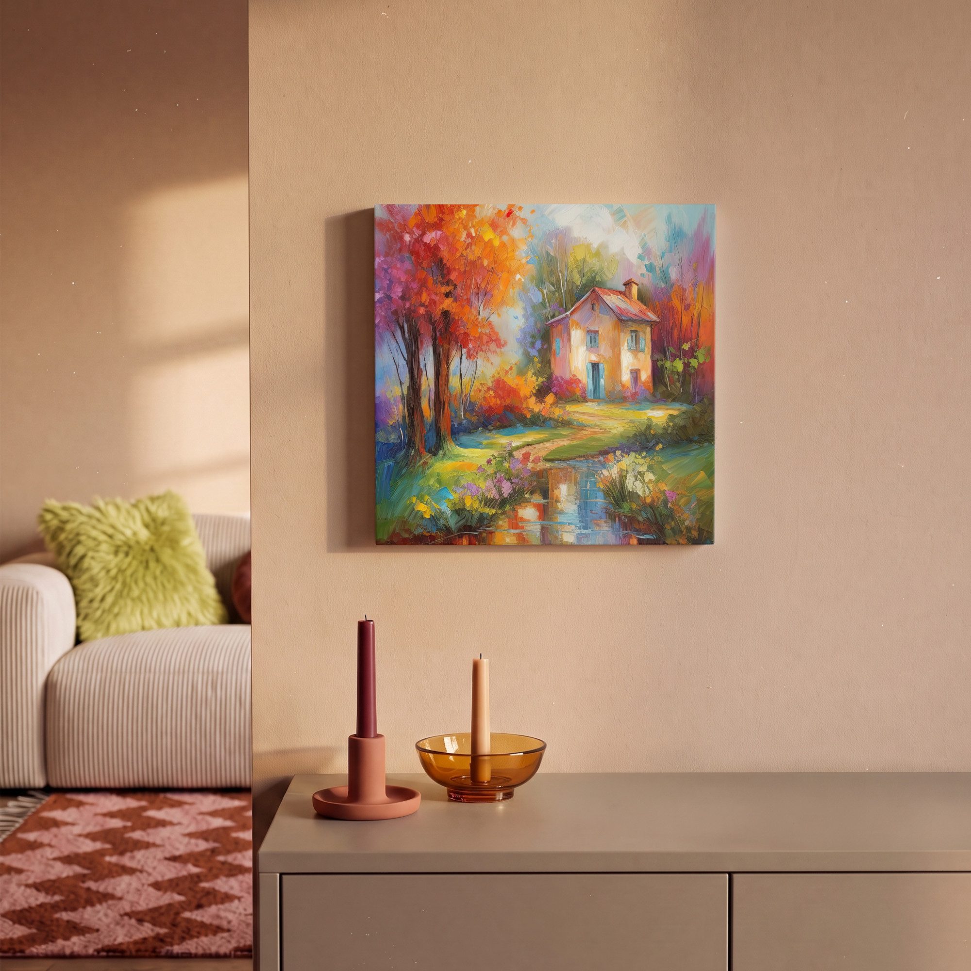 OneMillionCanvasses® Leinwandbild Landschaft - Farbenfroh - Ölfarbenoptik - Kunst, Fotodruck (1 St), Wandbild, Deko Schlafzimmer Wohnzimmer Flur 20x20 cm – Bild 2 von 5