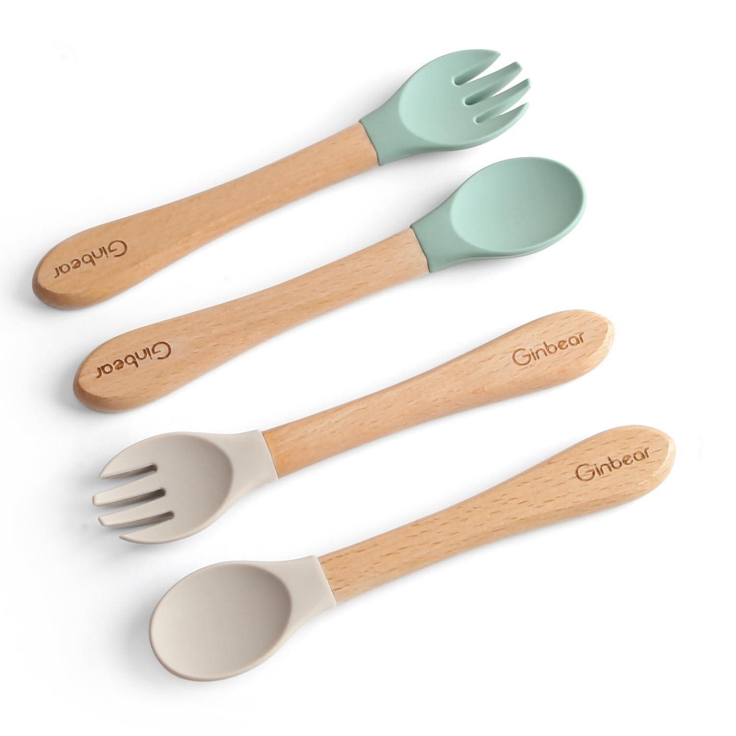 LuxusKollektion Kinderbesteck Babybesteck Silikon Löffel Gabel Selbstfüttern Hazy Green Almond