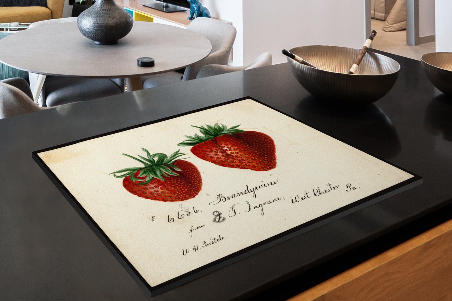 70x52 Erdbeeren MuchoWow von Passmore, Griscom tlg), nutzbar, Arbeitsfläche Deborah Ceranfeldabdeckung cm, - Herdblende-/Abdeckplatte Mobile (1 Gemälde Vinyl,