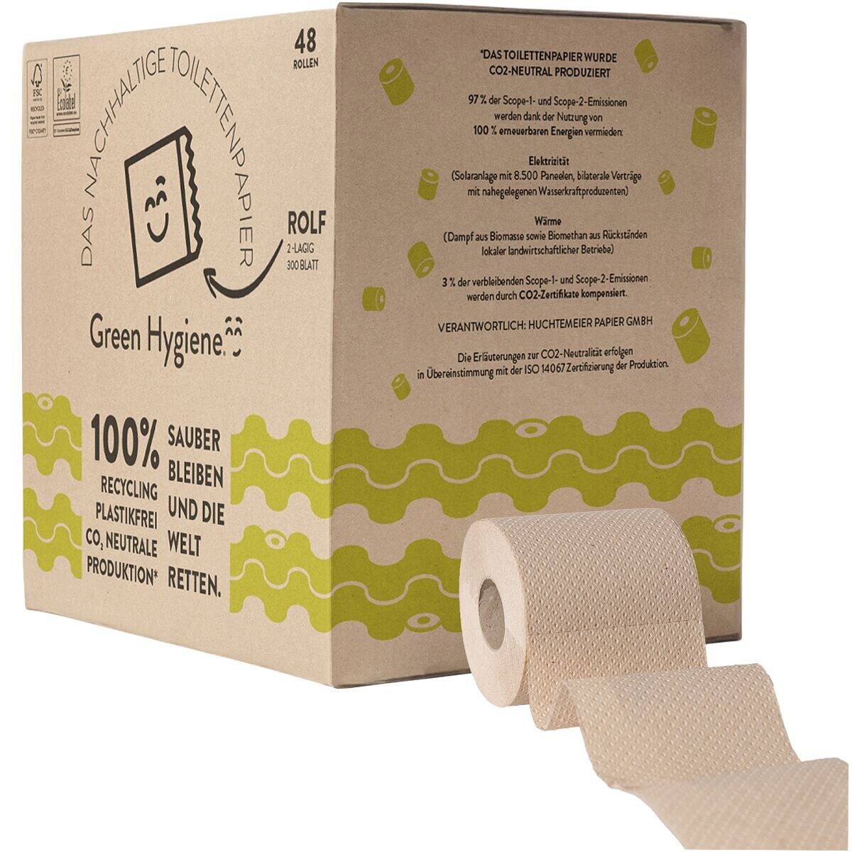 Green Hygiene® Toilettenpapier Rolf (48-St), 2-lagig, mit Prägung/ parfümfrei, 300 Blatt/Rolle