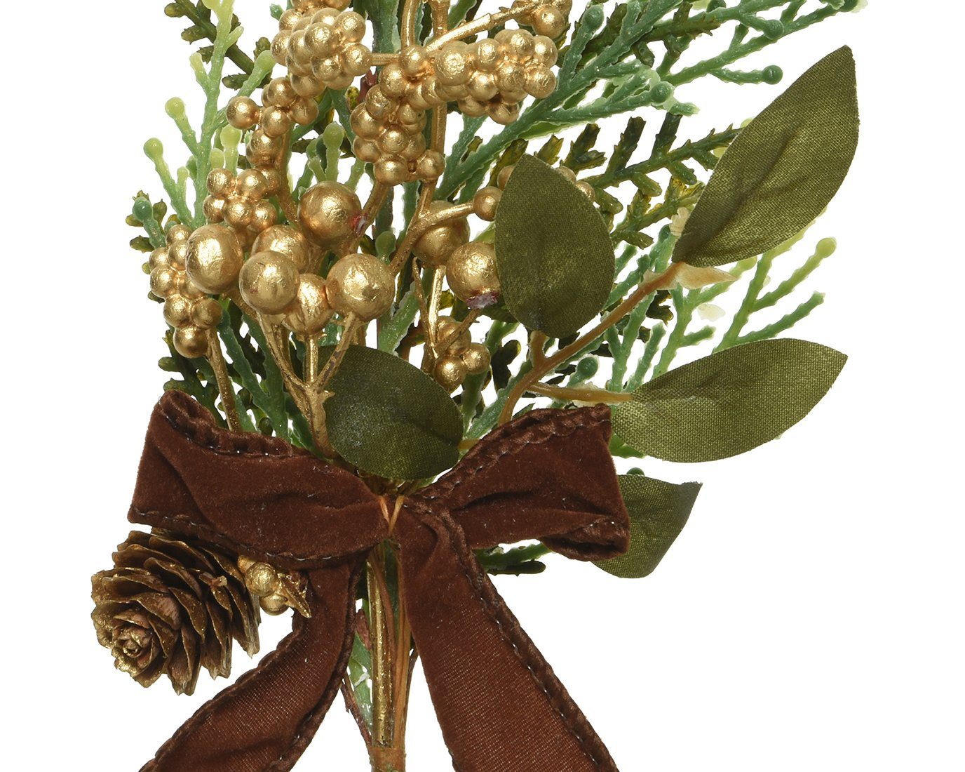 Kunstpflanze, Decoris Tannenzweig künstlich mit goldenen Beeren Samtschleife decorations, season 25cm und