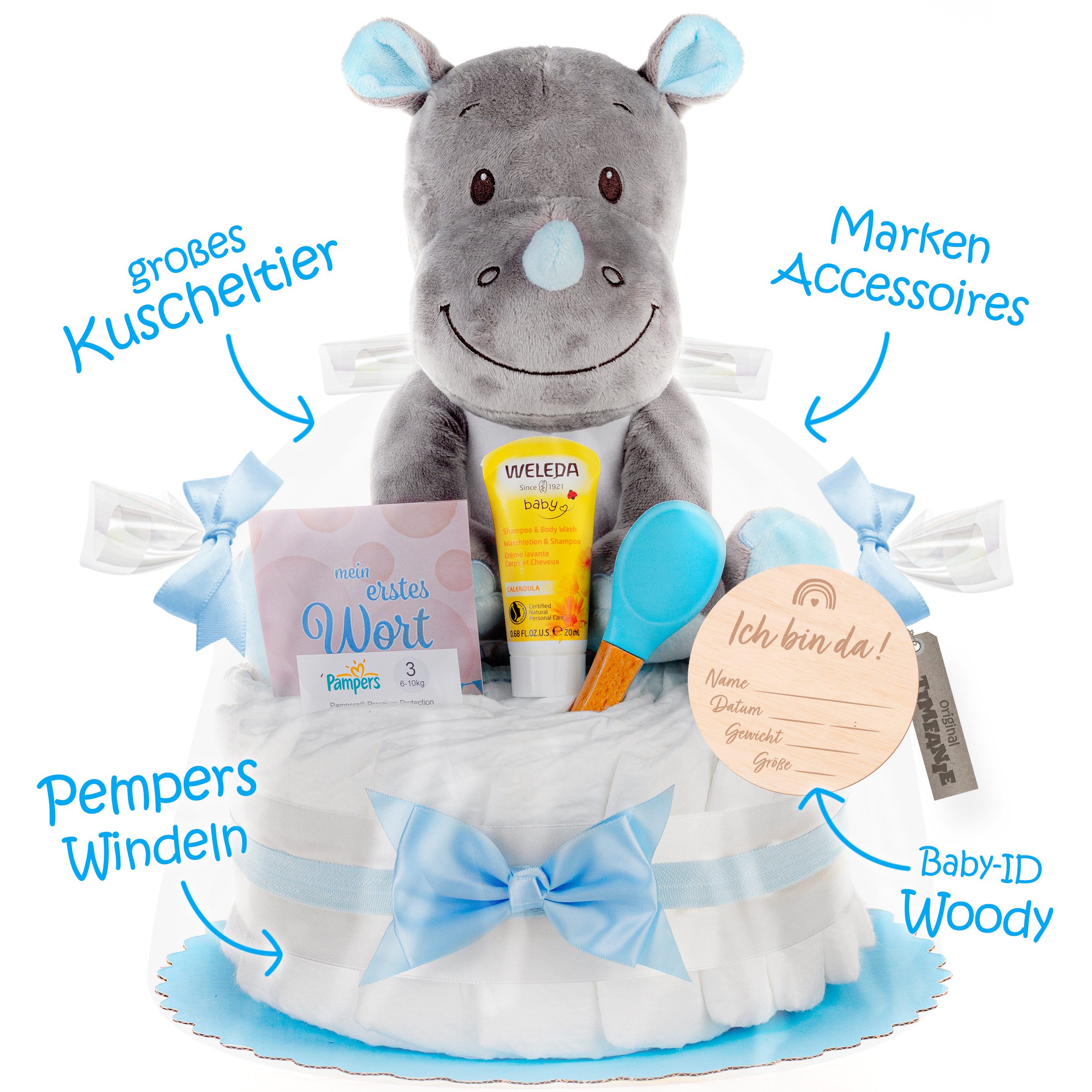 Timfanie Windeln Windeltorte, Kuschel Nashorn, blau, 0-8 Monate (Handgefertigtes Geschenk - In Folie gehüllt, mit Schleifen verziert, 28-St., 20x Pampers Premium, 1 Marken-Kuscheltier, wertige Accessoires), Das Perfekte Geschenk zur Geburt oder Babyparty.
