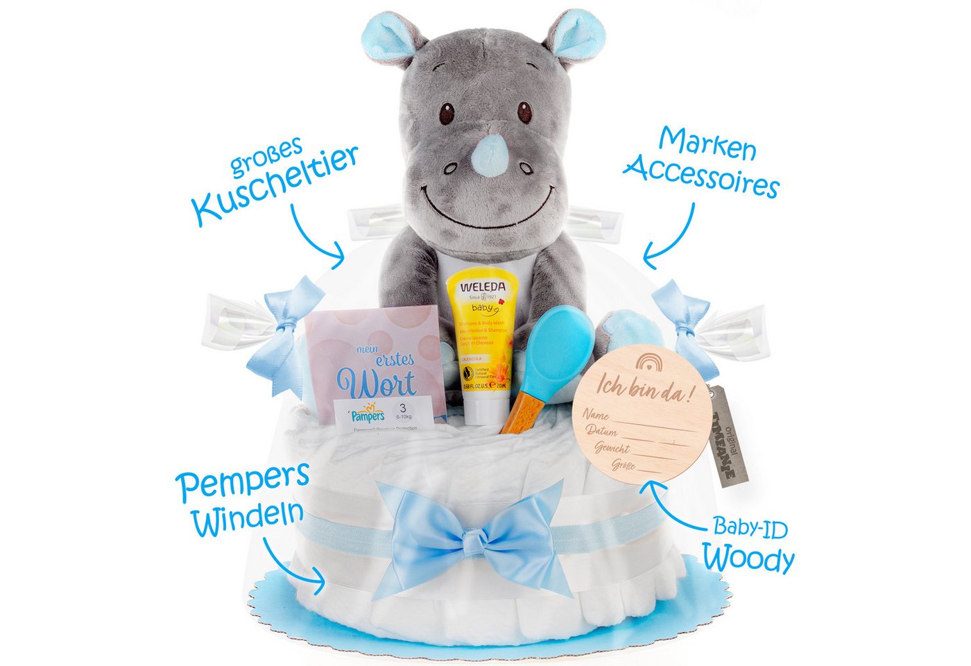 Timfanie Windeln & Wow, Windeltorte mit Kuschel Nashorn, blau, 0-5 Monate (28-St., /Set: Premium Pampers + Kuscheltier + wertige Accessoires), Geschenk zur Geburt & Babyparty