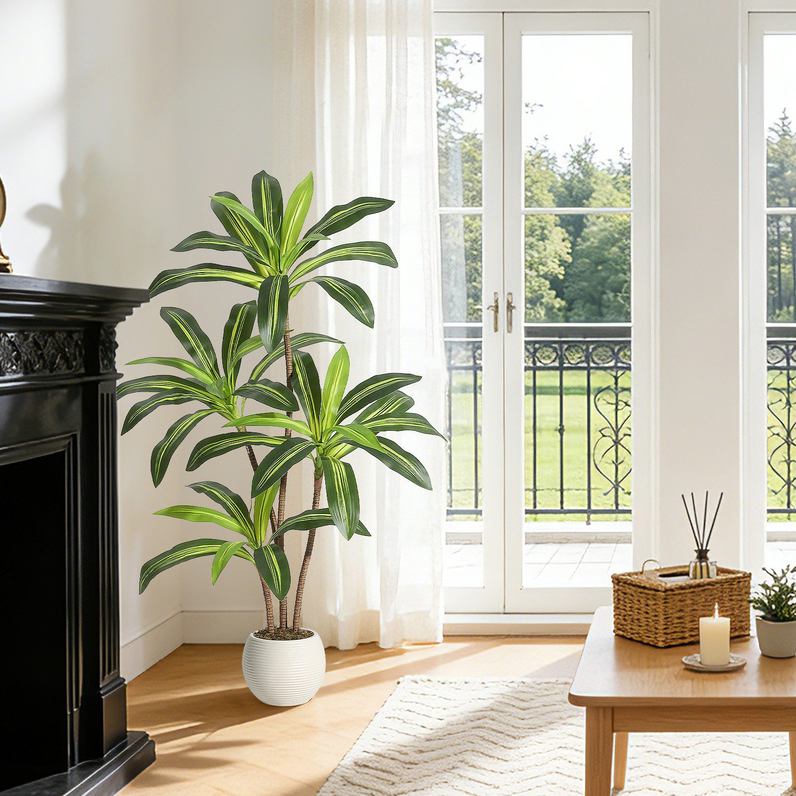 Kunstbaum Künstlicher Dracaena Baum Mit Weißem Hohem Pflanztopf Faux Yucca Pflan, GarveeMore, Höhe 150 cm – Bild 4 von 5