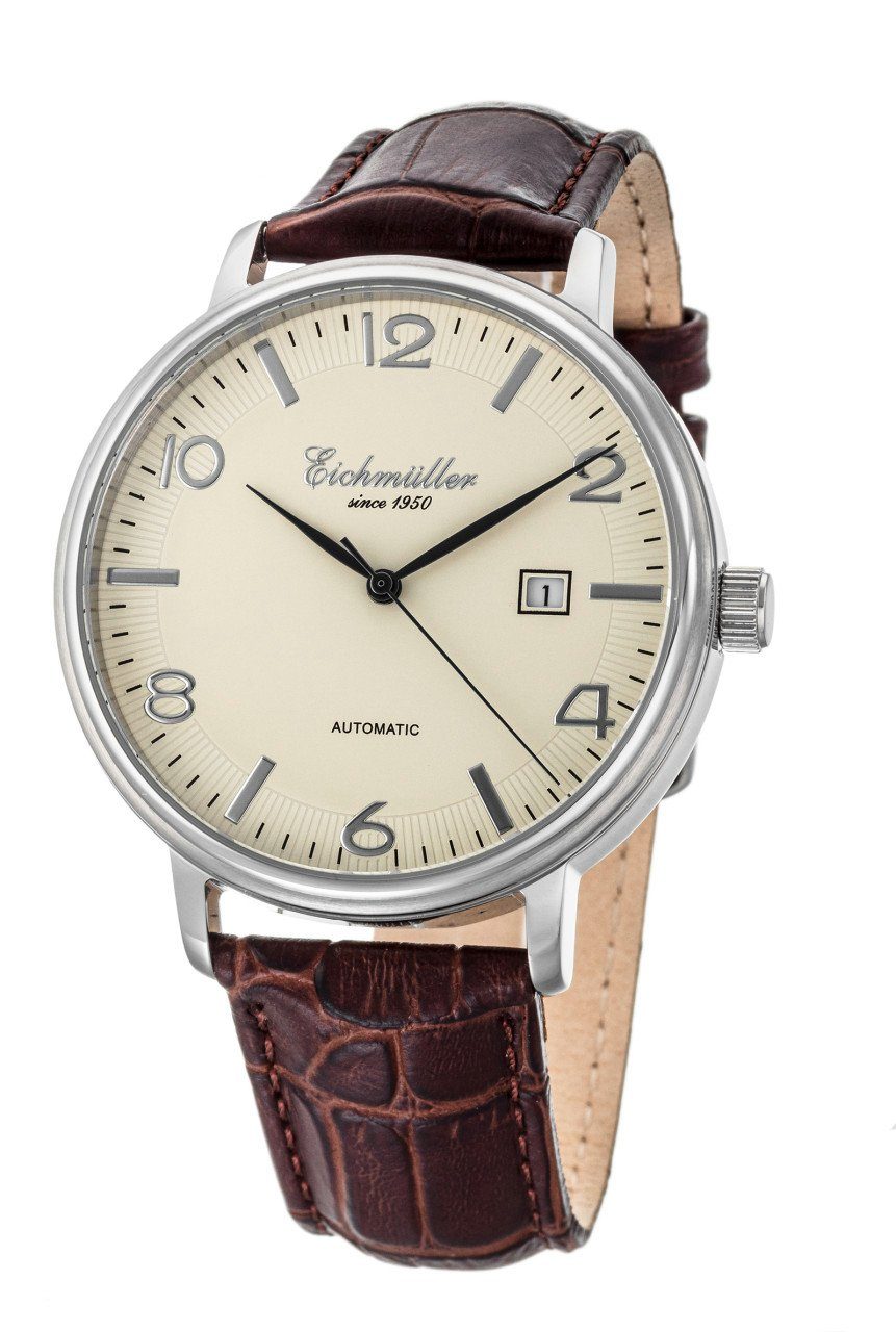 Eichmüller Automatikuhr RE7021 Herrenuhr Beige Lederband Braun 42 mm