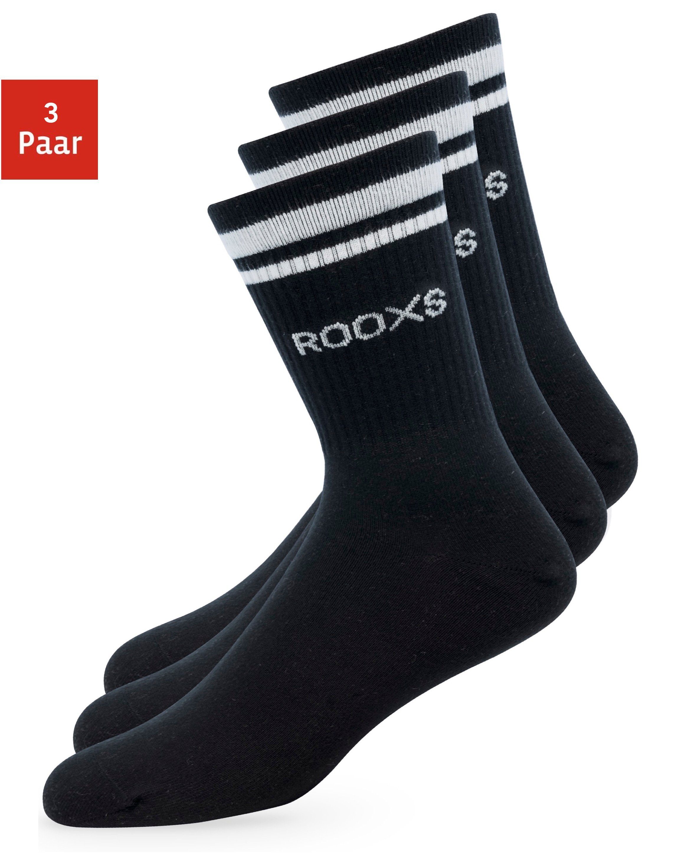 ROOXS Sportsocken Hohe Tennissocken für Damen & Herren (3-Paar) Retro Socken mit streifen, Made in EU 01 Schwarz