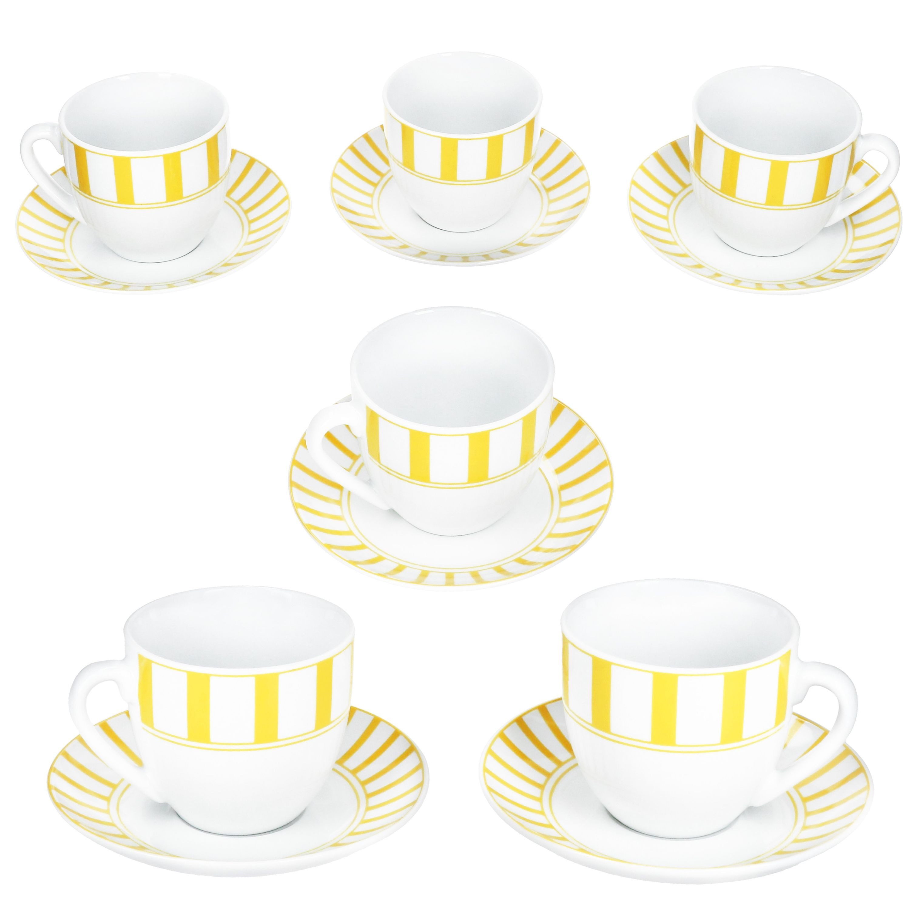 MamboCat Tasse Split gelb Kaffeetassen mit Untertassen für 6 Personen Streifen Tee, Porzellan