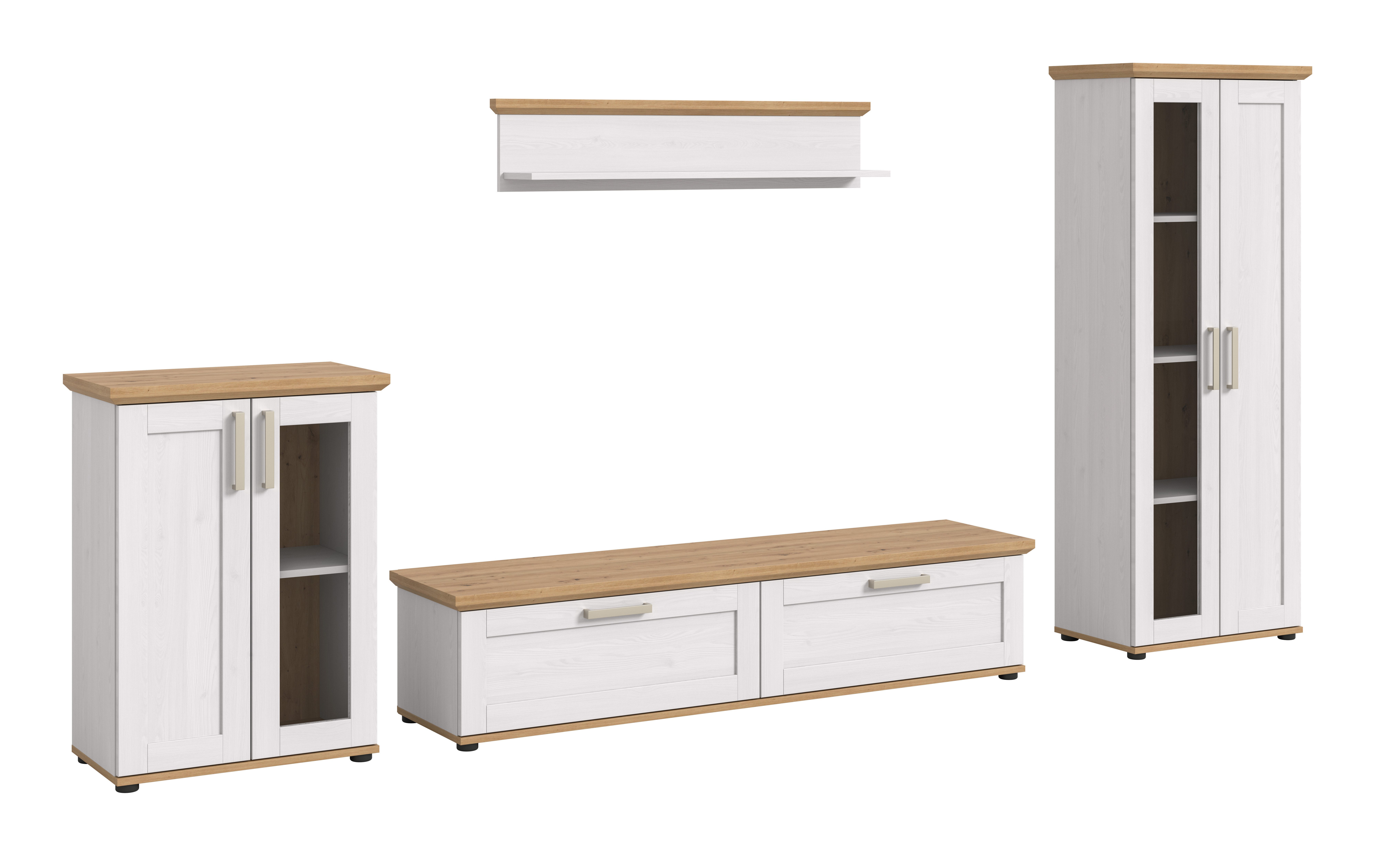 furnling Wohnzimmer-Set Viola, (4-St., bestehend aus Lowboard, kleine Vitrine, große Vitrine, Wandboard), Wohnzimmerschränke, Absetzungen in Artisan Eiche, Breite 316 cm