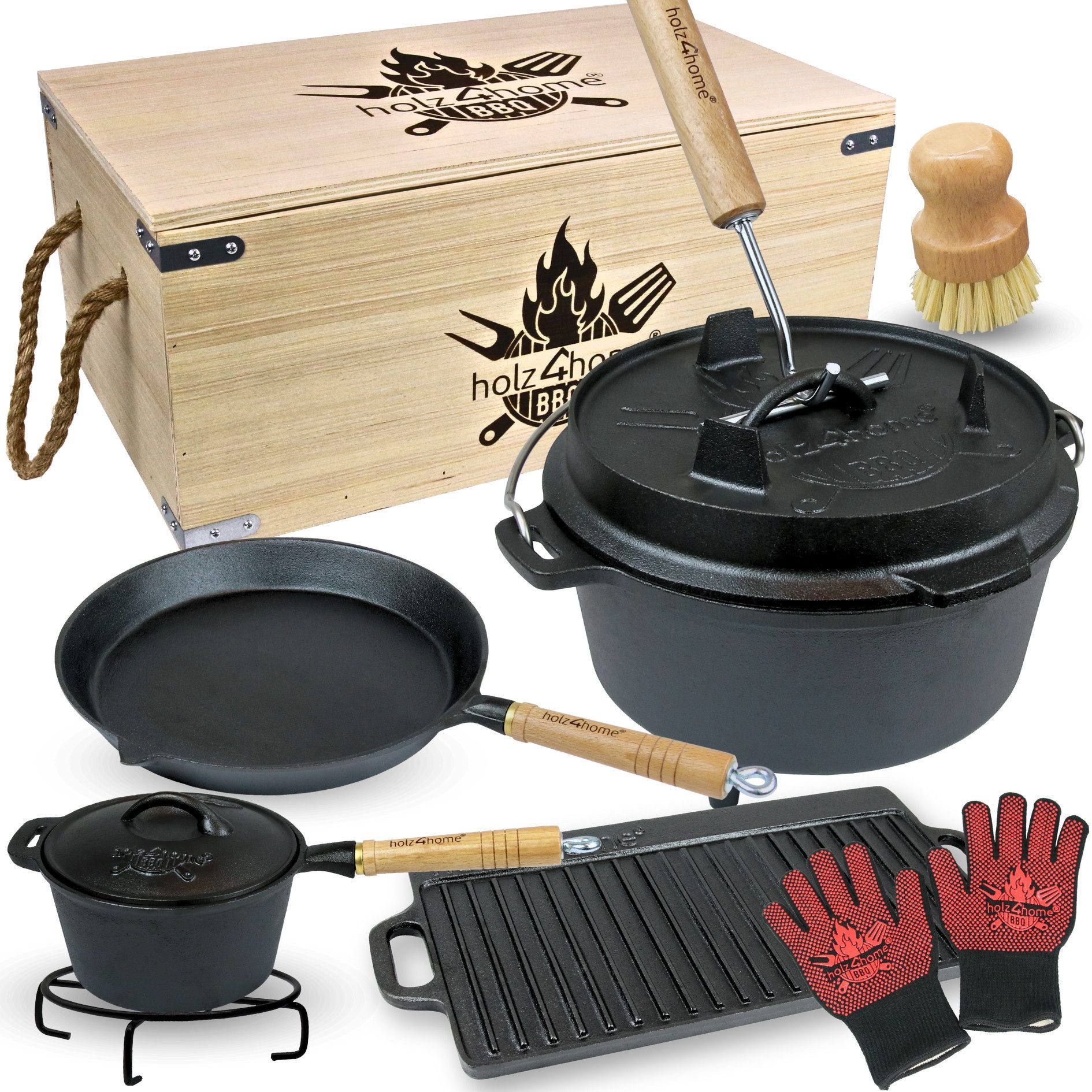 holz4home® Grilltopf Dutch Oven Set aus Gusseisen I Dopf Feuertopf Schmortopf Bräter, Gusseisen (9-tlg), inkl. Deckelheber