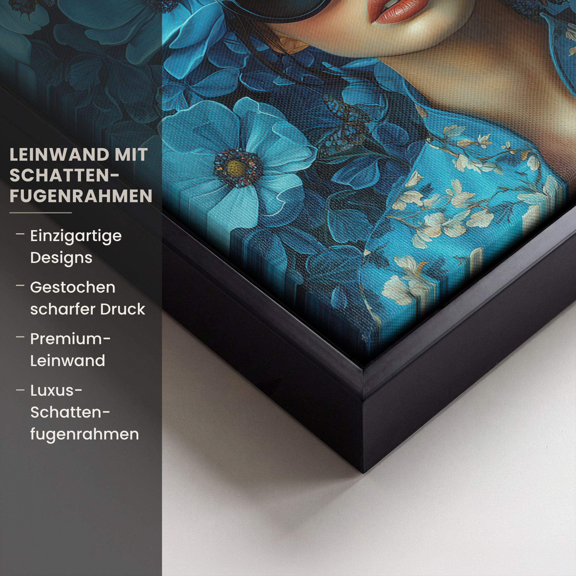 OneMillionCanvasses® Leinwandbild mit Rahmen - Frau - Blumen - Blau - Ästhetik - Luxus, Fotodruck (1 St), Leinwand Bilder Klein, Wand Dekoration Aesthetic 20x20cm