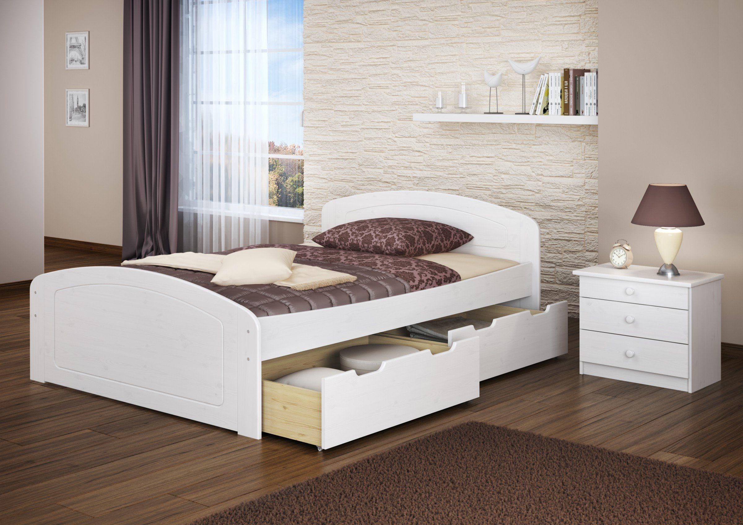 ERST-HOLZ Bett Doppelbett Kieferwaschweiß Matratze + Staukästen, weiß 3 + Kiefer Rost + 140x200