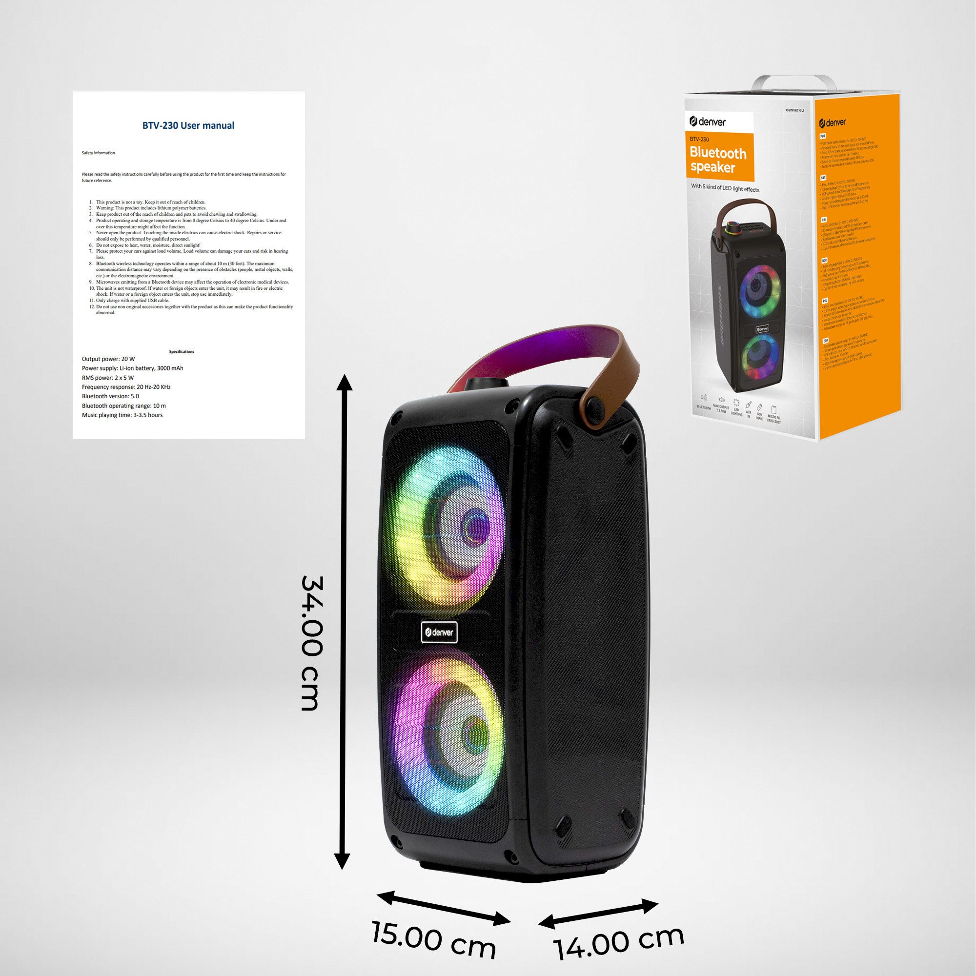 Denver BTV-230 Bluetooth-Speaker (100 W, 10m Bluetooth- Reichweite, LED Lichteffekte, Karaoke-Option)