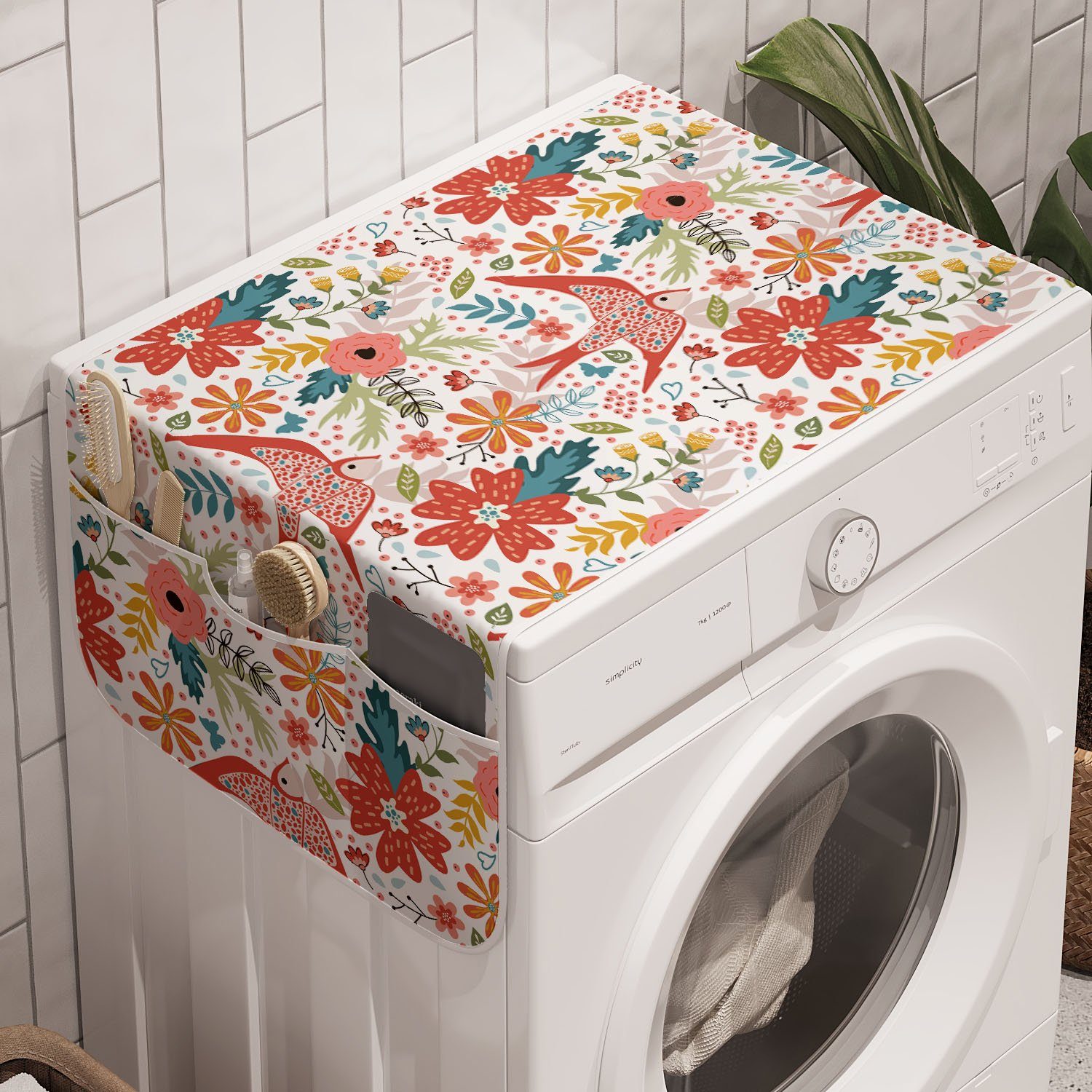 Abakuhaus Badorganizer Anti-Rutsch-Stoffabdeckung für Waschmaschine und Trockner, Blumen Frühlings-Blüten-Vogel-Blumen