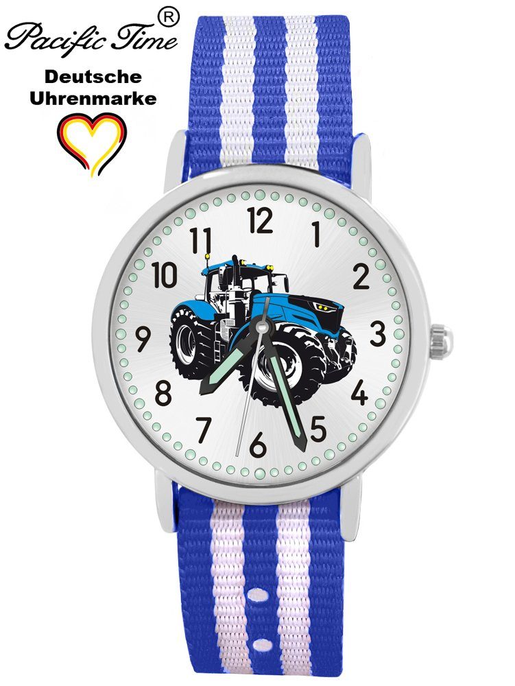 Pacific Time Gratis Versand blau - Kinder Match blau Traktor Design Armbanduhr Wechselarmband, Quarzuhr weiß gestreift und Mix