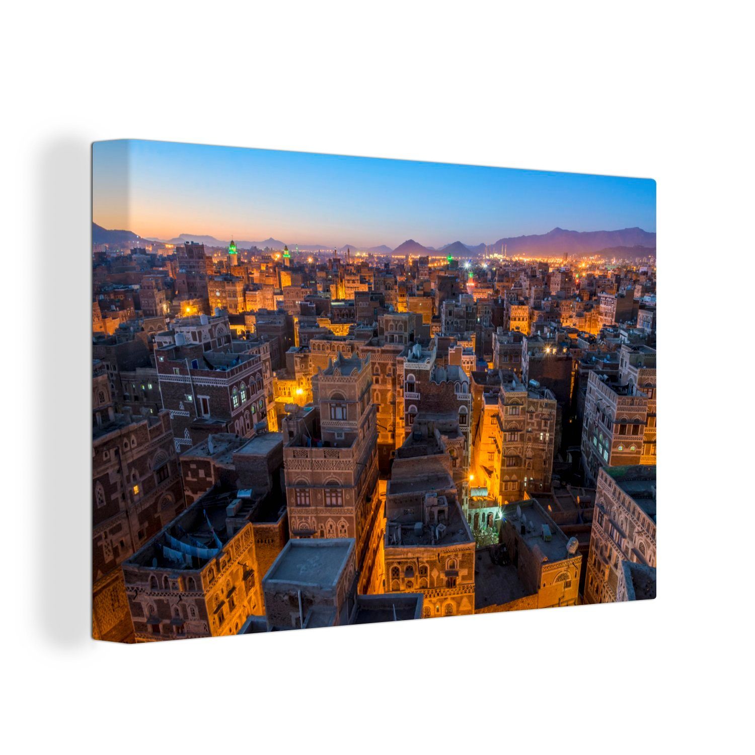 OneMillionCanvasses® Leinwandbild Nächtliche Skyline beleuchteter Straßen von Sanaa im Jemen, (1 St), Wandbild Leinwandbilder, Aufhängefertig, Wanddeko, 30x20 cm