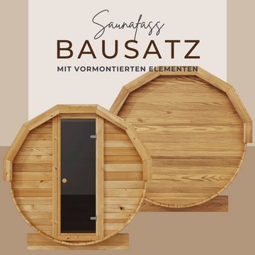 EDEN Holzmanufaktur Fasssauna Bausatz, Teile vormontiert Fichte Remmers Lasur, BxTxH: 202 x 352 x 211 cm, 45 mm, (Set) Vorraum inkl. Harvia Holzofen Linear 18, Zubehör