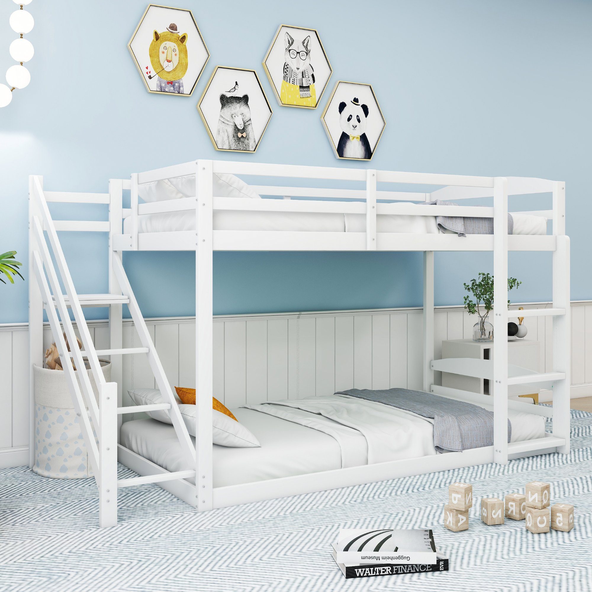 Holzbett und Ohne mit Kinderbett Matratze (assivholz-Etagenbett Sicherheitstreppen OKWISH links zwei Lattenrost mit rechts), cm, 90x200 Gästebett Etagenbett Tagesbett weiß