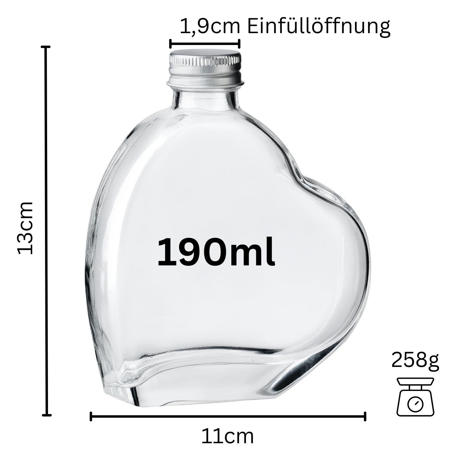 Flaschen-Fuchs Vorratsglas 8x Flasche Herzform 200ml Herzflaschen Herz Glas Herzförmig Geschenk, Glas