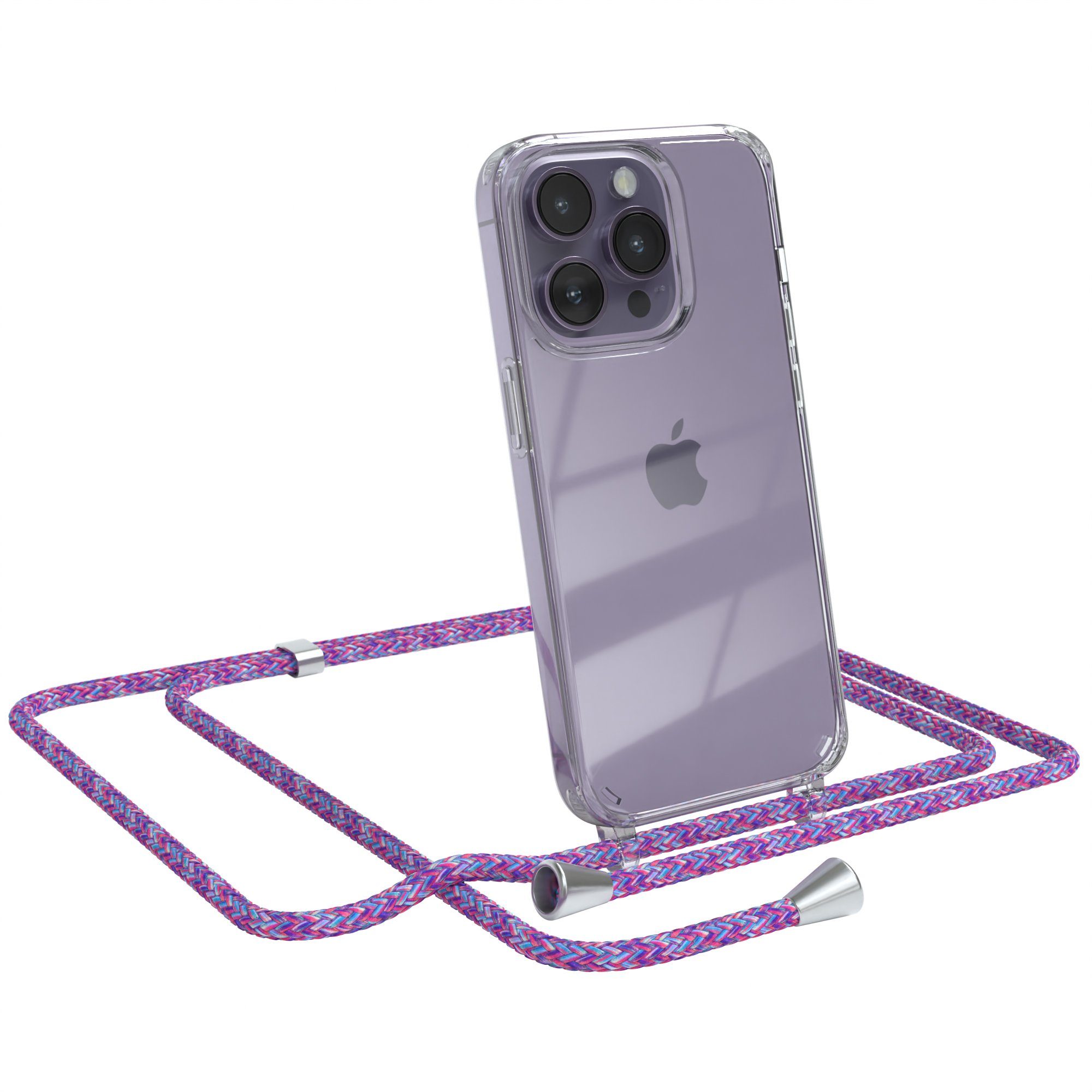 EAZY CASE Handykette Hülle mit Kette für Apple iPhone 14 Pro 6,1 Zoll, Umhängetasche für Handy Silikonhülle Handyhülle durchsichtig Violett