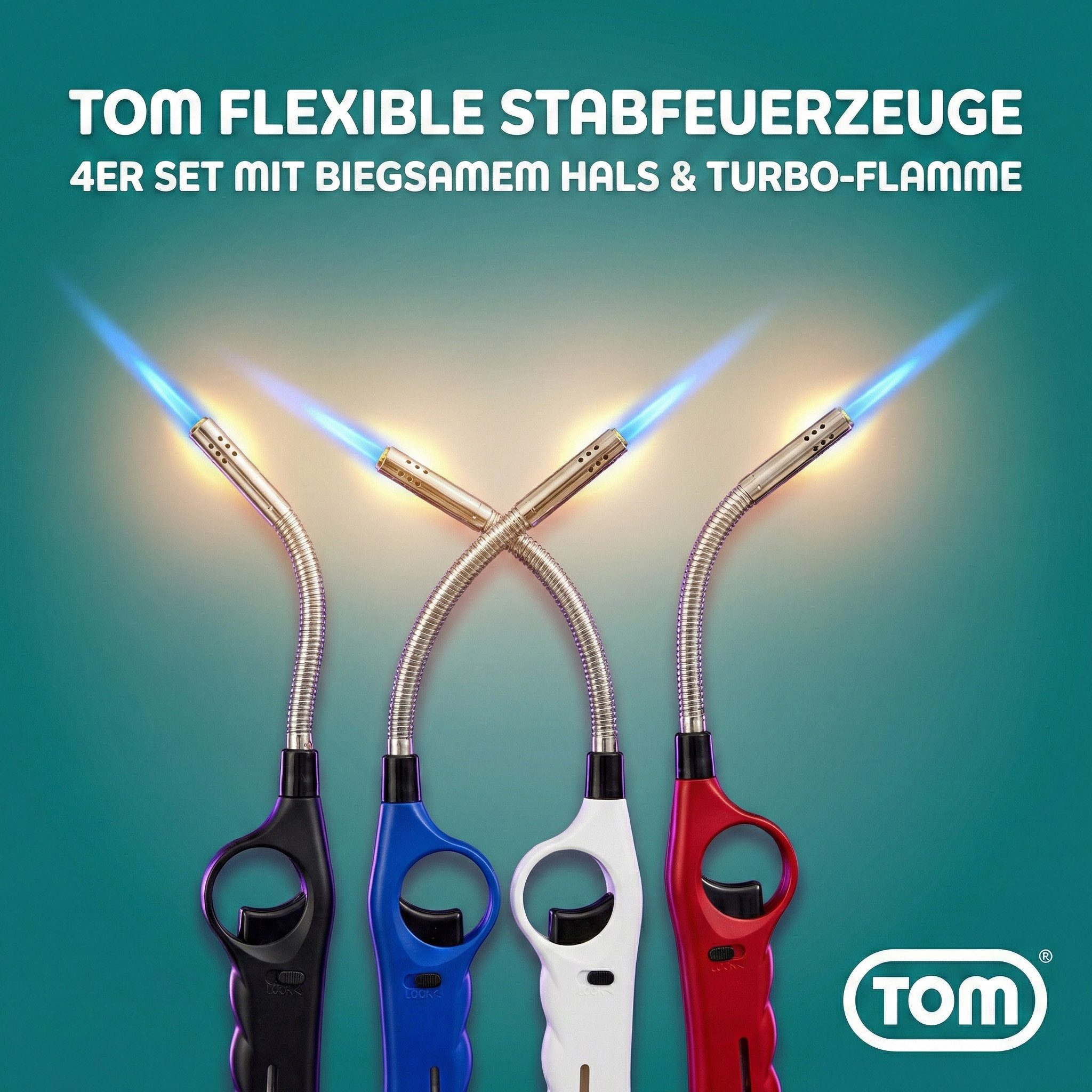 TOM Feuerzeuge 4 x Stabfeuerzeug Nachfüllbar Sturmfeuerzeug Flexibler Stab (4-St), 29 cm - Turbo Flamme - Gas-Füllstandsanzeige
