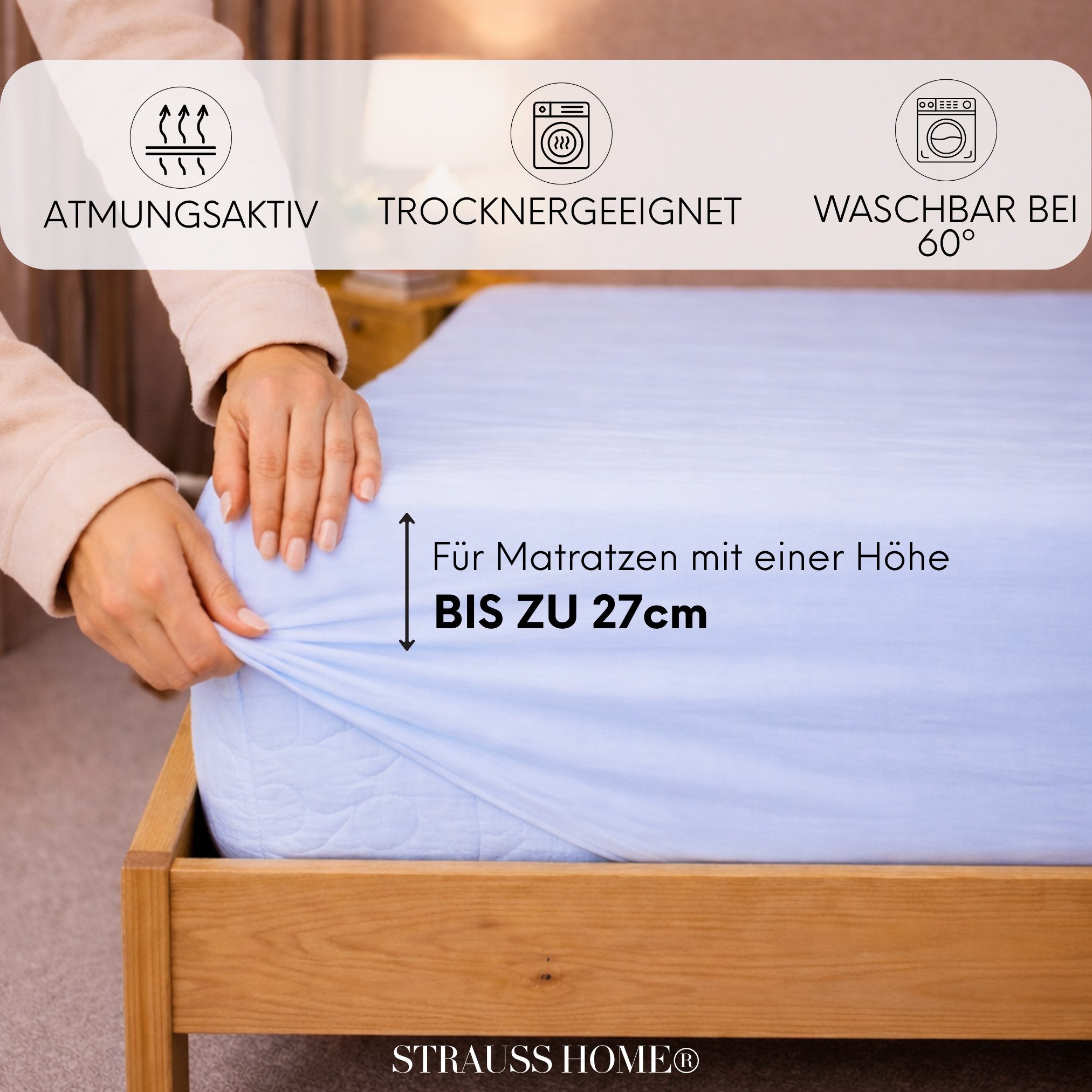 Strauss Home Spannbettlaken Premium 160 g/m² Gekämmte Baumwolle Jersey in Hotelqualität, Gummizug: Rundumgummi, OEKO-TEX®-zertifiziert - Hotelqualität – Formstabil & Langlebig