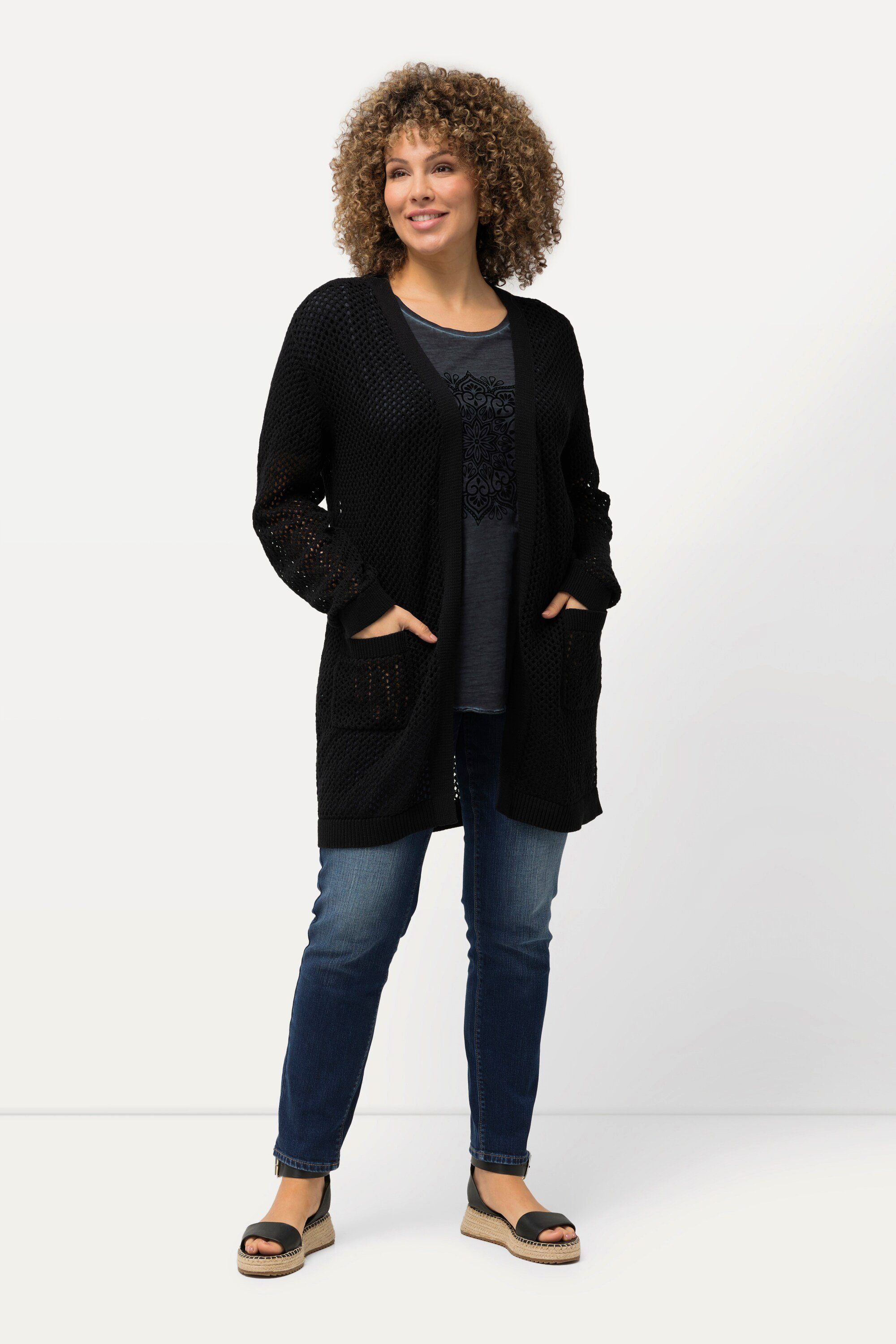 Ulla Popken Strickjacke Long-Strickjacke Netz-Optik offene günstig online kaufen