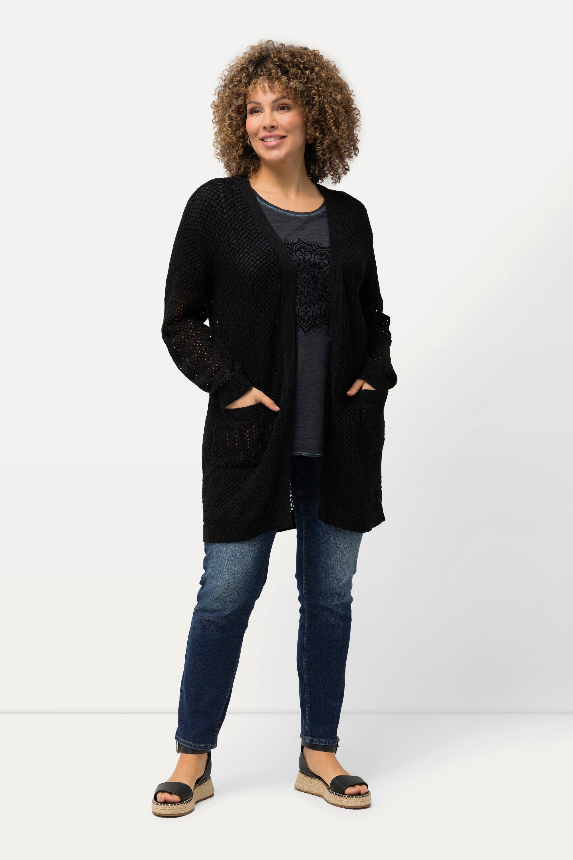 Ulla Popken Strickjacke Long-Strickjacke Netz-Optik offene Form