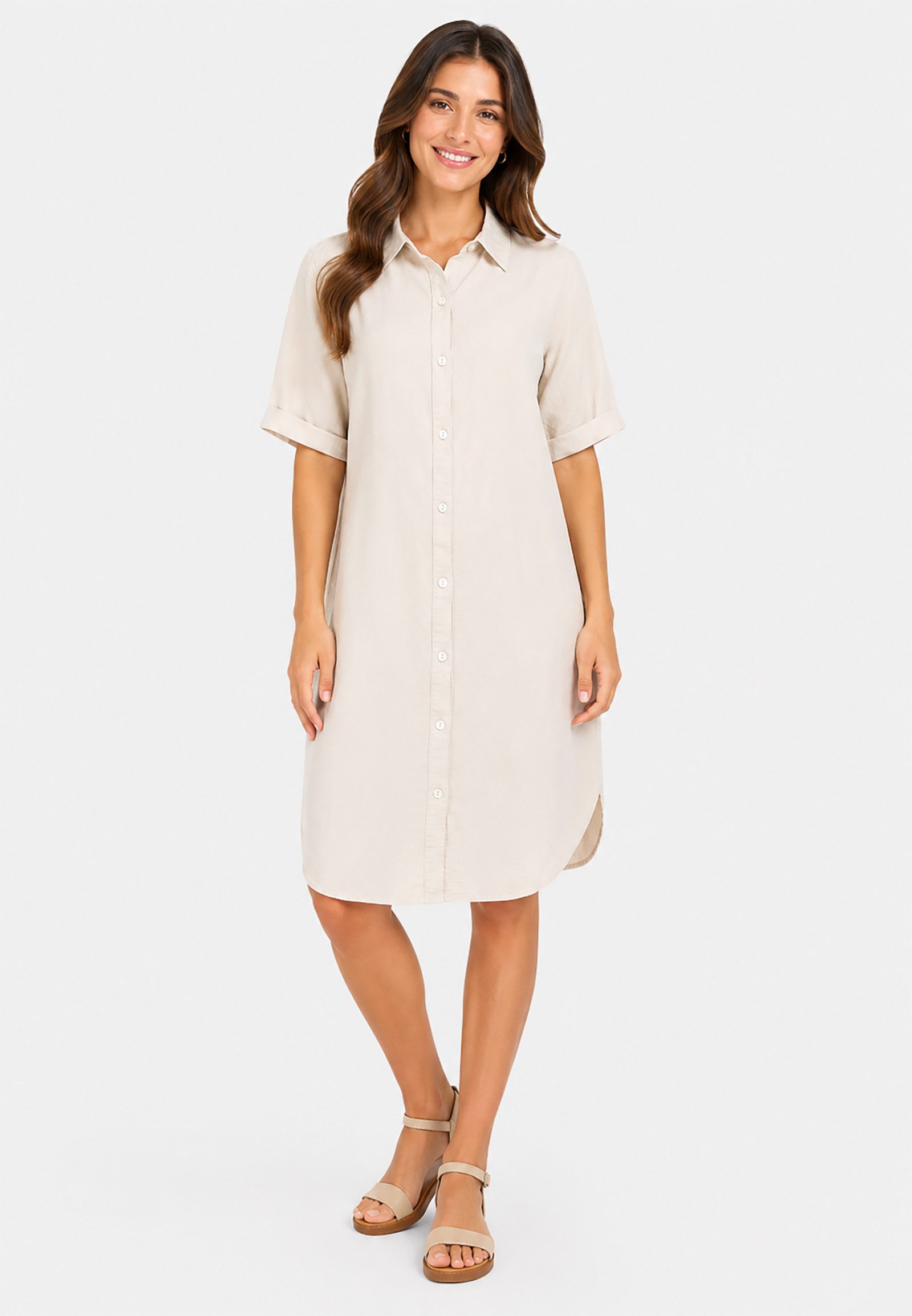 Eight2Nine Shirtkleid Kurzarm Knopfleiste Gerade Passform für Damen (lang, 1-tlg) Leinen Normal Fit Kentkragen Kurzarm Einfarbig atmungsaktiv