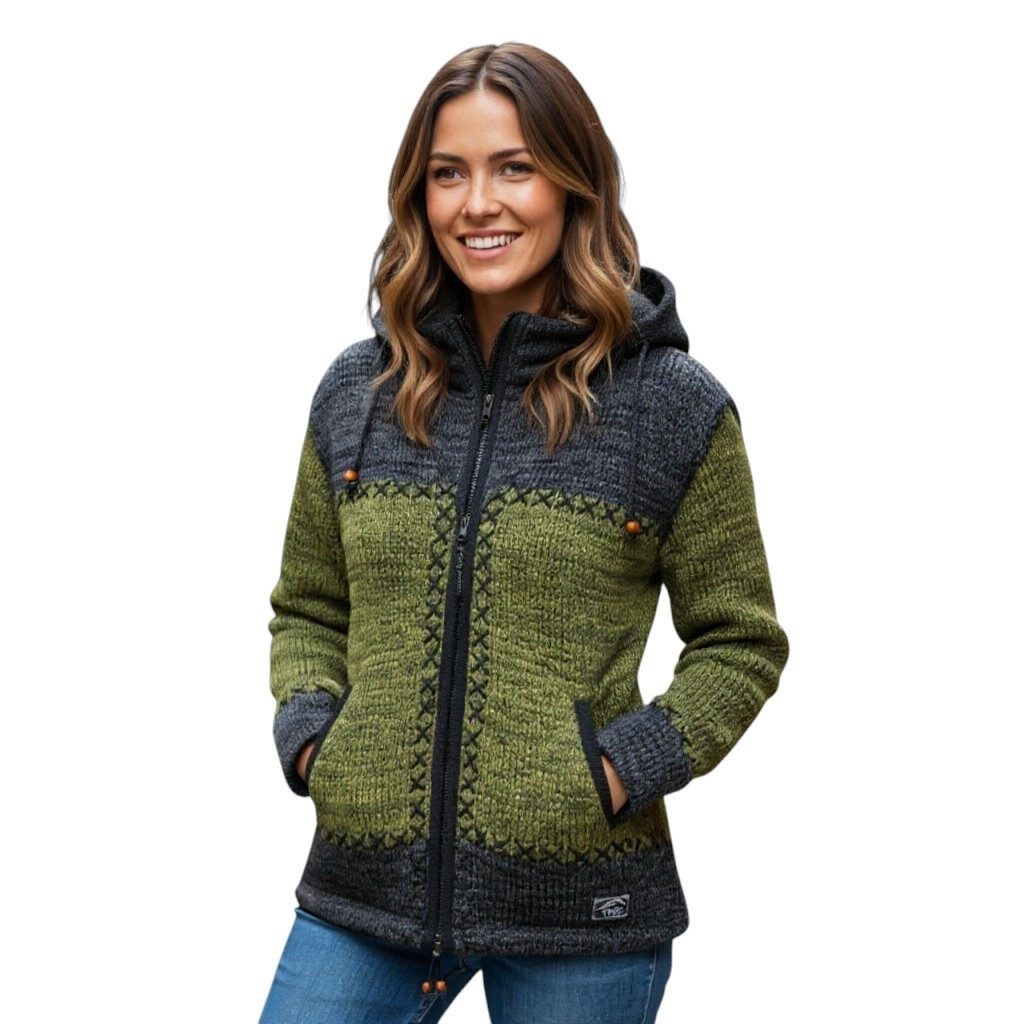 THC Natural Line Strickjacke THC Schafwollstrickjacke 520 grün anthrazit (1 Stück, 1-tlg., 1 Stück) Strickjacke mit abnehmbarer Kapuze