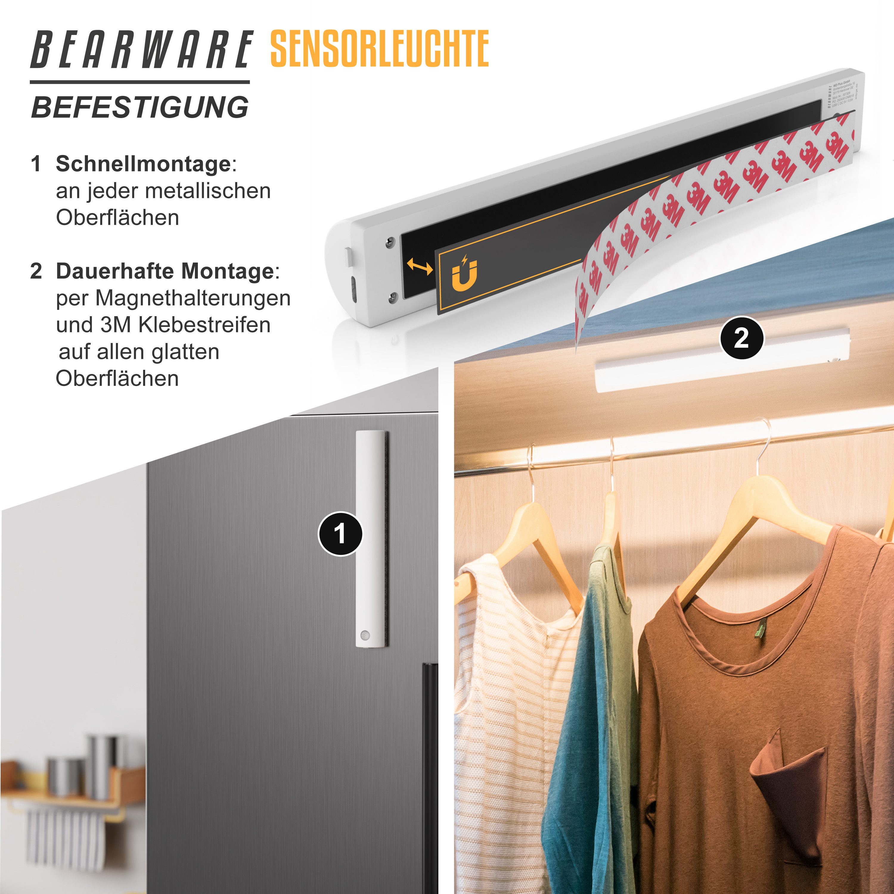 BEARWARE Smarte LED-Leuchte Sensorlicht mit Bewegungsmelder, PIR Sensor, 4 Lichtfarben, Nachtlicht, Farbwechsel; Ein-/Ausschalter, LED fest integriert, Kaltweiß, 2× Warmweiß, Neutralweiß, Flexible Anbringung mit Magnetstreifen, 70 Lumen, 3m Reichweite