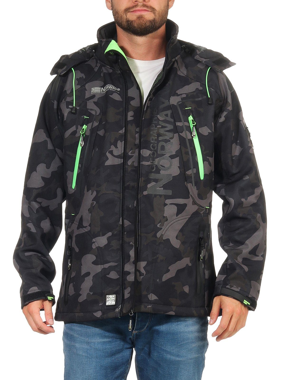 Geographical Norway Softshelljacke Herren Softshell Wander Sport Übergangsjacke Trekking Jacke in Unifarbe, mit abnehmbarer Kapuze, mit Stehkragen