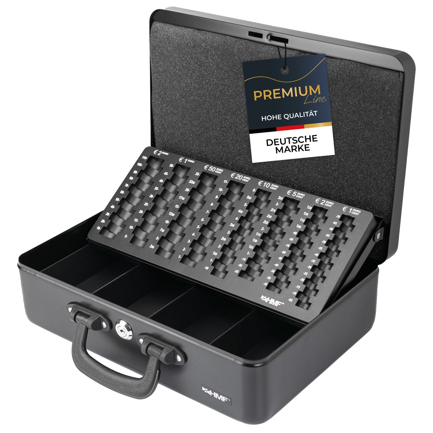 HMF Geldkassette Geldkassette mit EURO-Münzzählbrett, 4 Scheinfächer für 5-50 € Scheine, Geldzählkassette mit Koffertragegriff, 36 x 25 x 11 cm, Schwarz