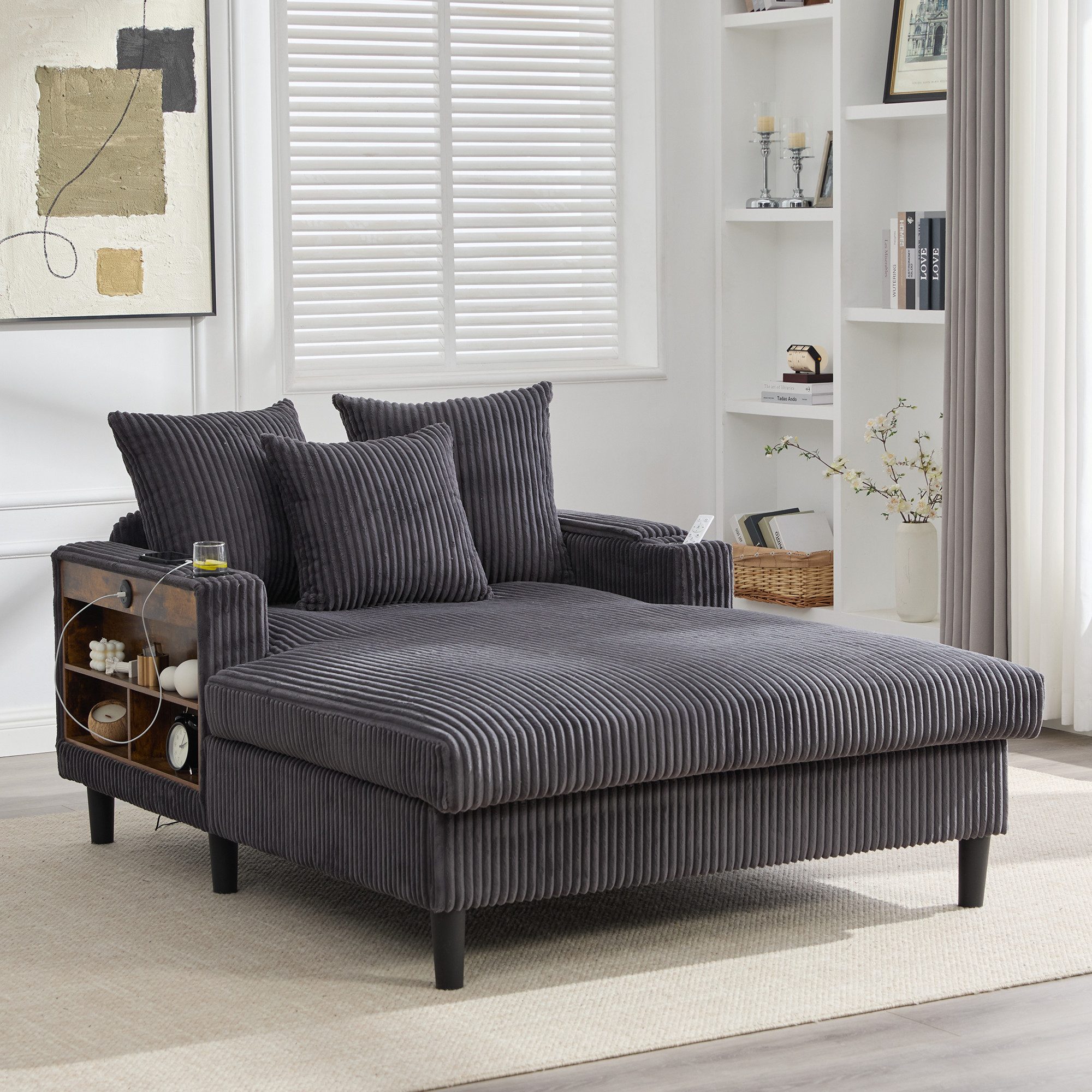 REDOM Sofa aus Cord mit Chaiselongue, Loungesofa, großzügiger Liegefläche, integrierten Getränkehaltern, LED-Licht und USB-Anschluss, mit Stauraum und Seitentasch, Schlafsofa
