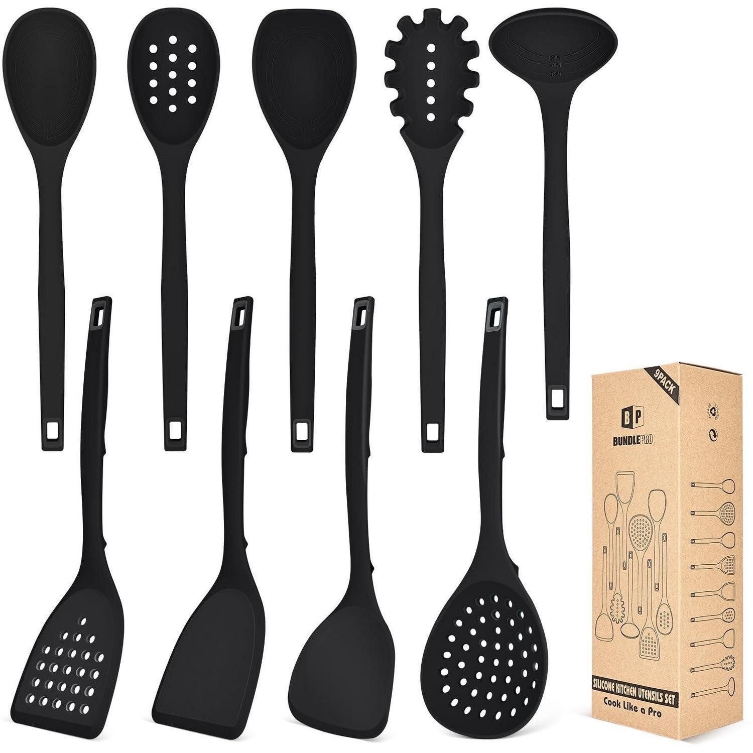 LuxusKollektion Küchenspachtel Silikon Kochgeräte Set 9tlg Schwarz