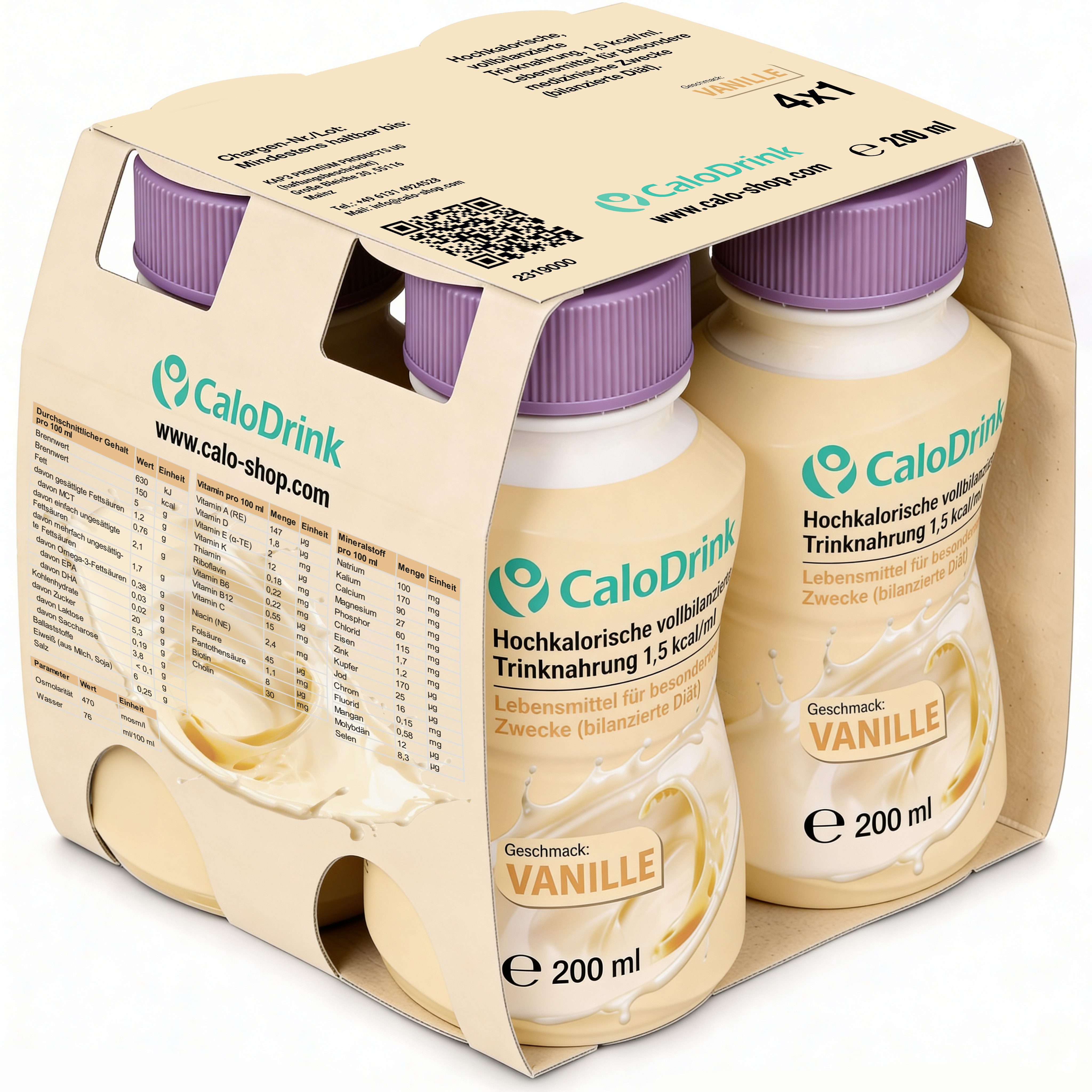 CaloDrink Hochkalorische Trinknahrung 300 kcal pro Drink Vanille Flüssigkeit, 800 ml