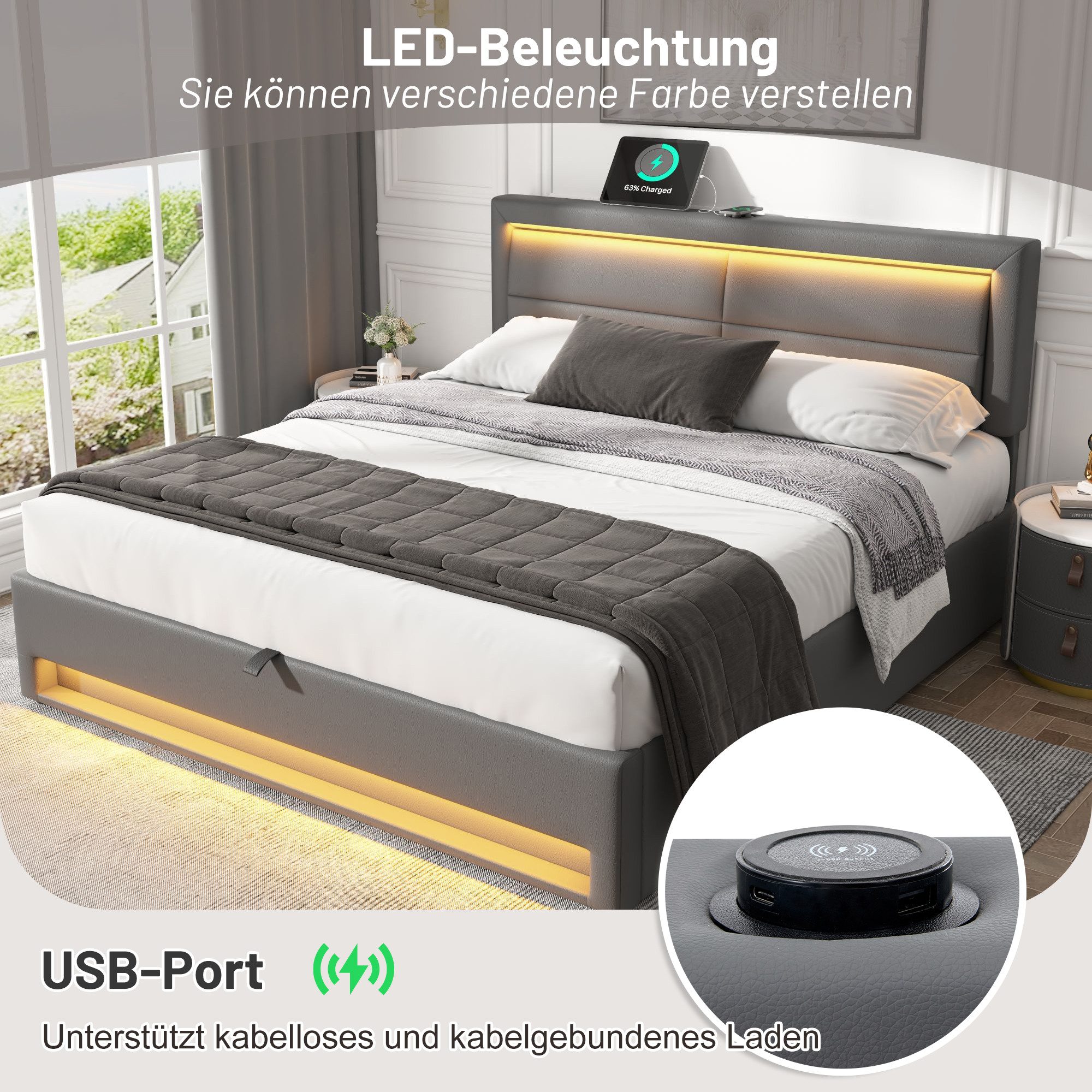 Flieks Polsterbett, LED Doppelbett 140x200cm mit USB-Anschluss und hydrauli günstig online kaufen