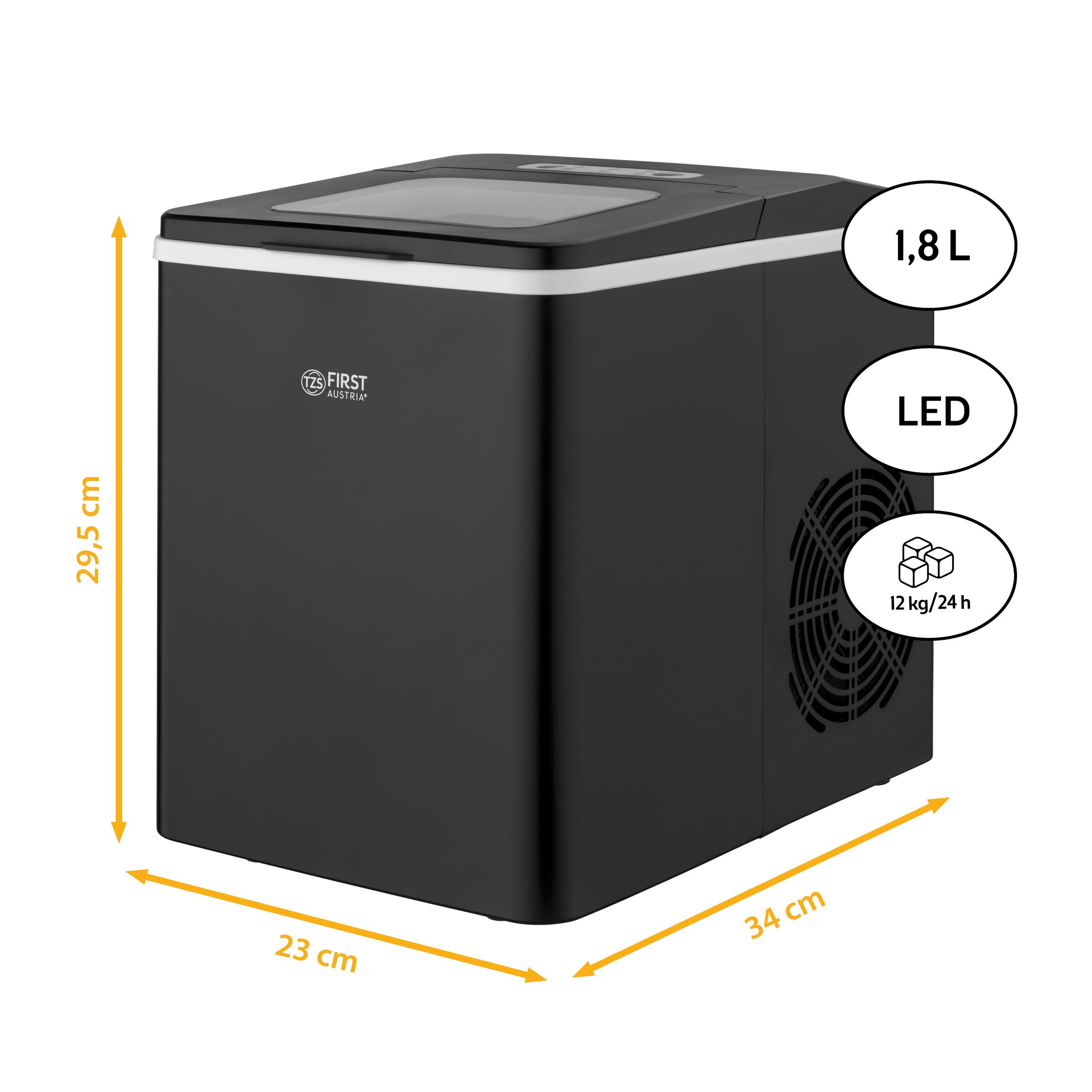 TZS FIRST AUSTRIA Eiswürfelmaschine 1,8L, 150W, Ice Cube Maker mit Kühlkompressor, 9 Eiswürfel in 7-9 Min, Würfel S/L, 12kg/24h Kapazität, abnehmbarer Korb, LED Display, 55 dB