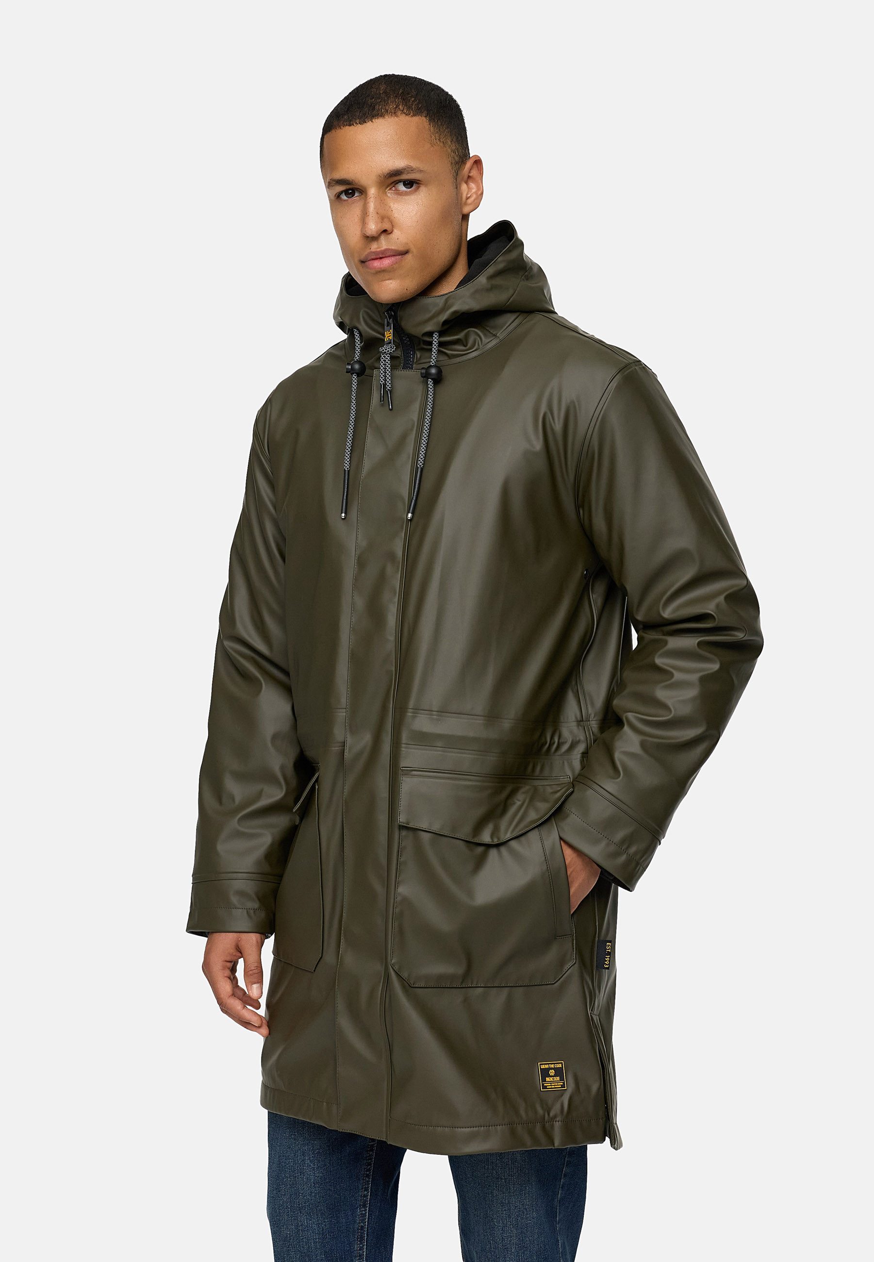 Indicode Regenmantel Herren INTommy Nässeschutz Herrenjacke mit Kapuze und vielen funktionalen Taschen