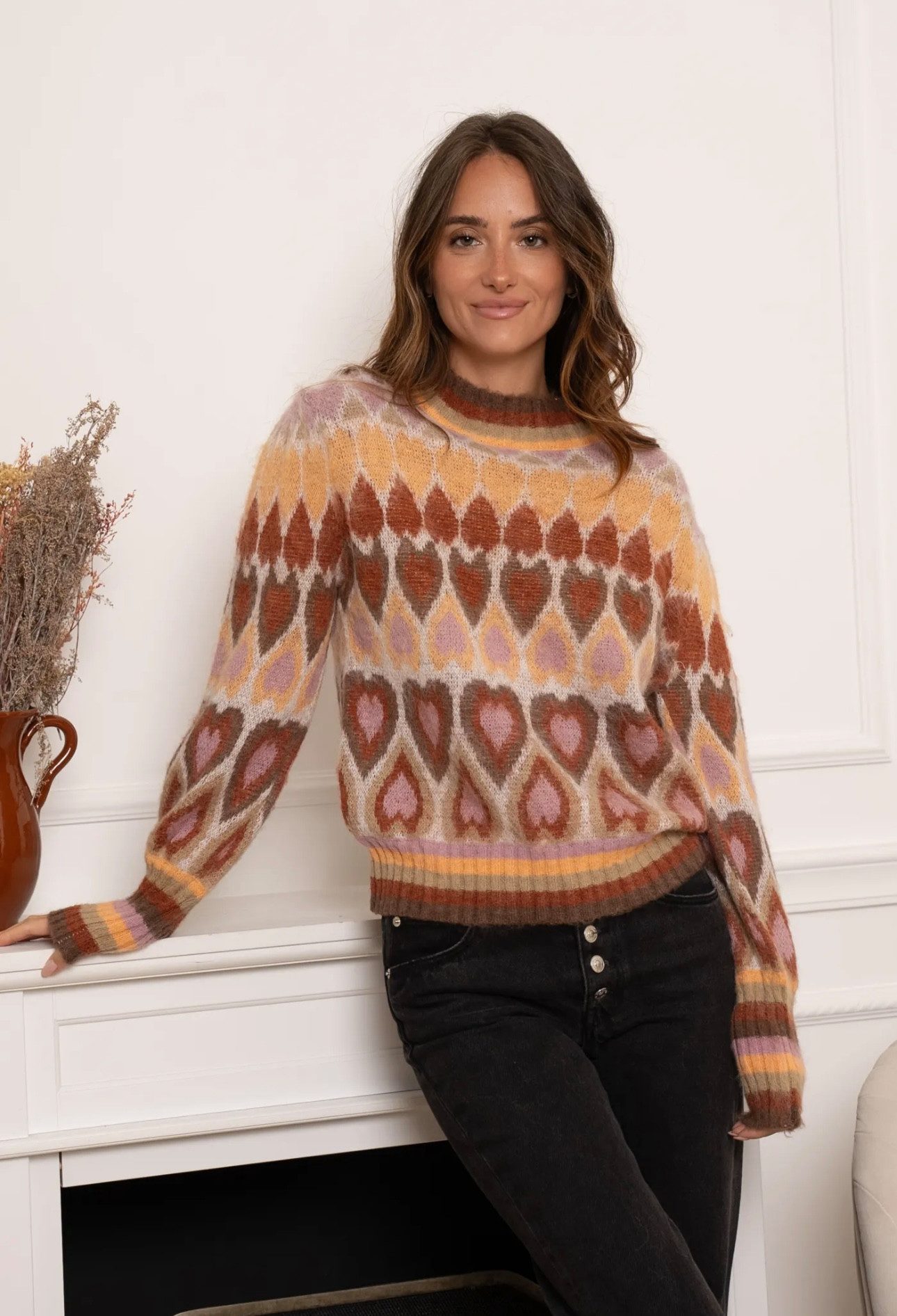 von Herzen Rundhalspullover bunter Pullover mit Herzen – Onesize – kürzer geschnitten mit bunten Herzchen
