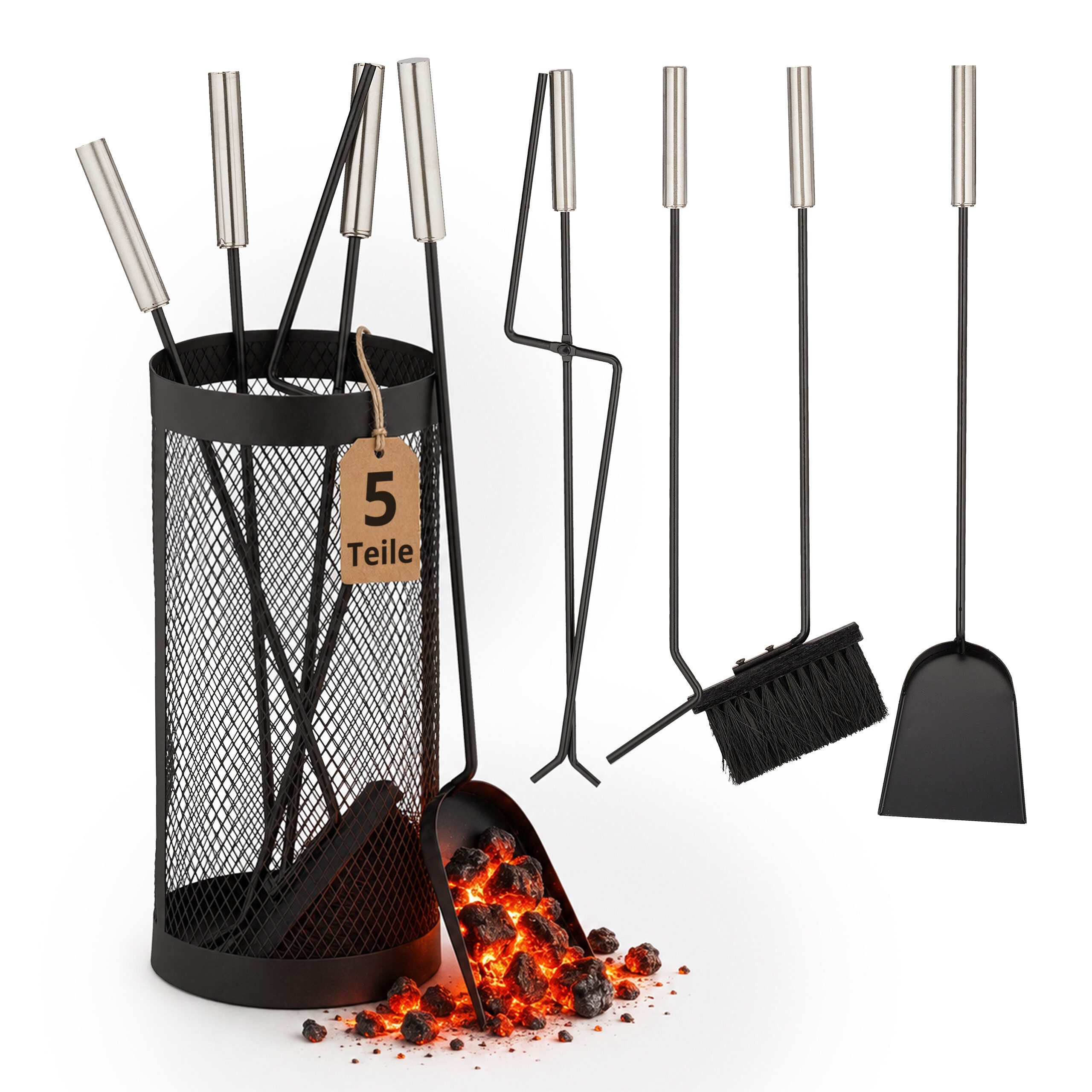 relaxdays Kamingarnitur 5-teiliges Kaminbesteck im Eimer schwarz, (5-St)