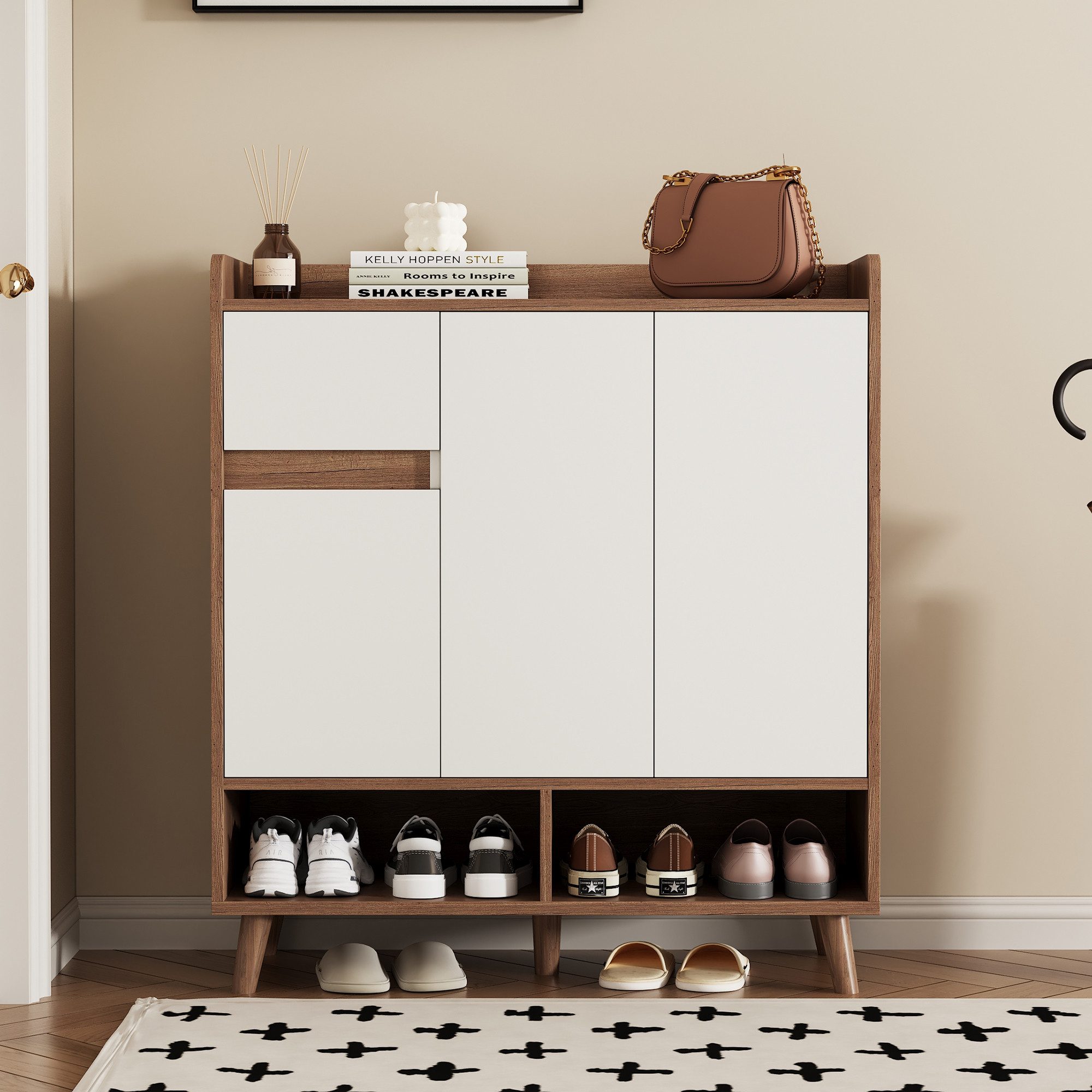 STILVORA Schuhschrank weiß+natur Schuhkipper mit schublade,Schuhregal mit verstellbare Regal (Wohnzimmerschrank,Kommode,Anrichte, 1-St., 1 Schublade, 3 Türen) mit verstellbaren Einlegeböden