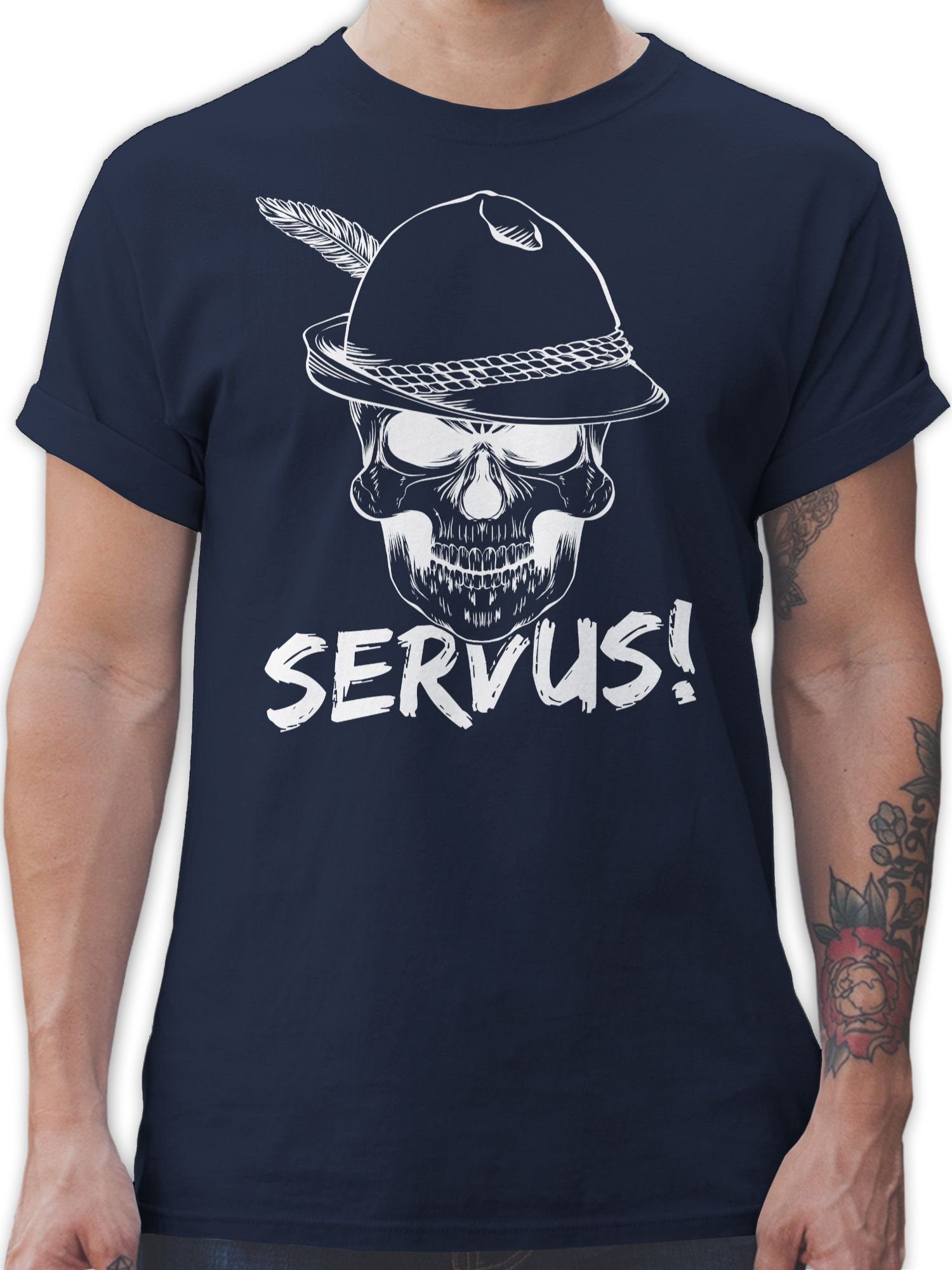 Shirtracer T-Shirt Oktoberfest Mode Blau Servus! Herren - für Navy Totenkopf 03 weiß