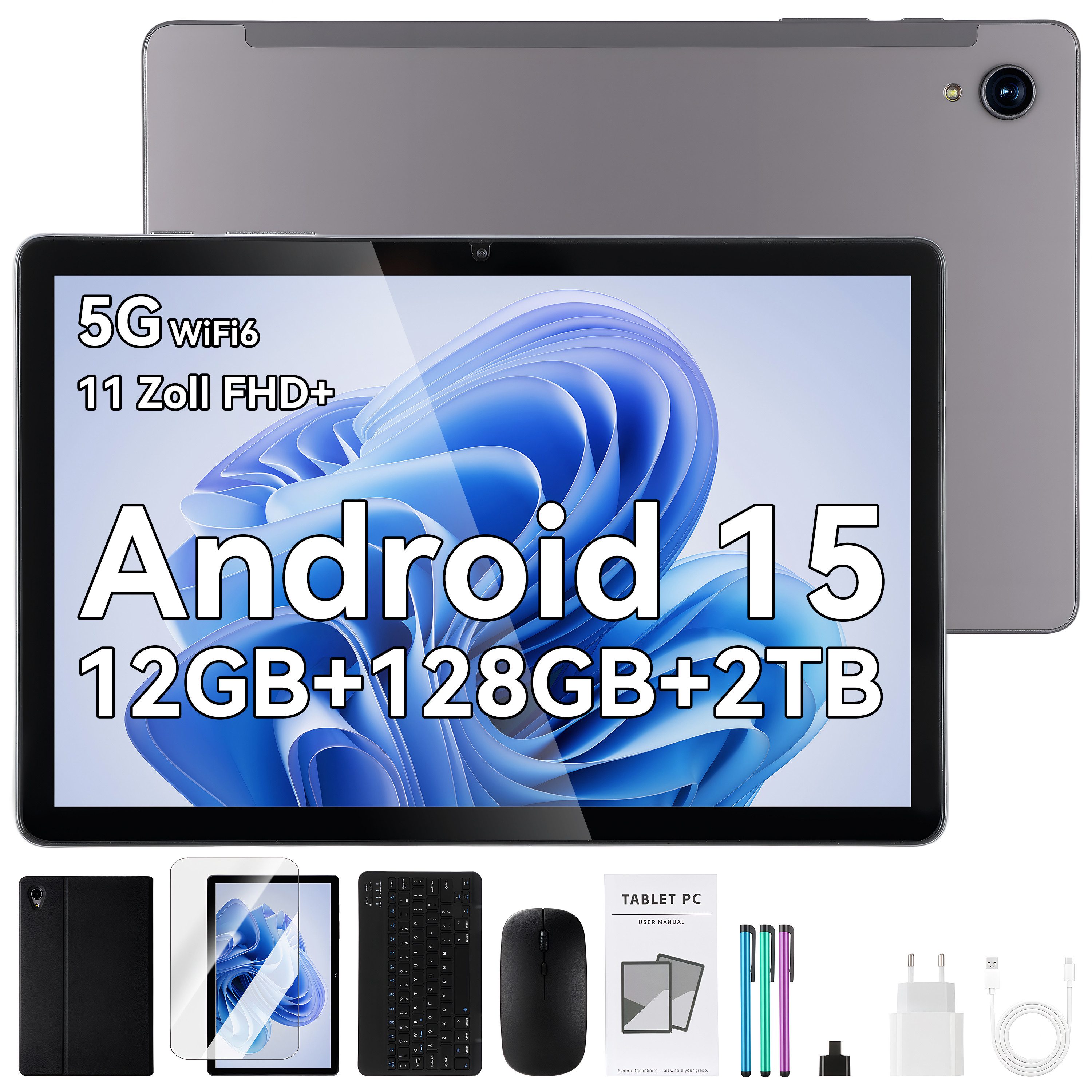 oyajia R95 11 Zoll Android 15 Octa-Core-Prozessor (12+128)GB 8000mAh 5MP+8MP Tablet (10.1", 128 GB, Android 15, 2G (GSM), 3G (WCDMA), 4G (LTE), WIFI5, GPS SIM-Kartenslot, Gesichtserkennung, Ledertasche für Tastatur)