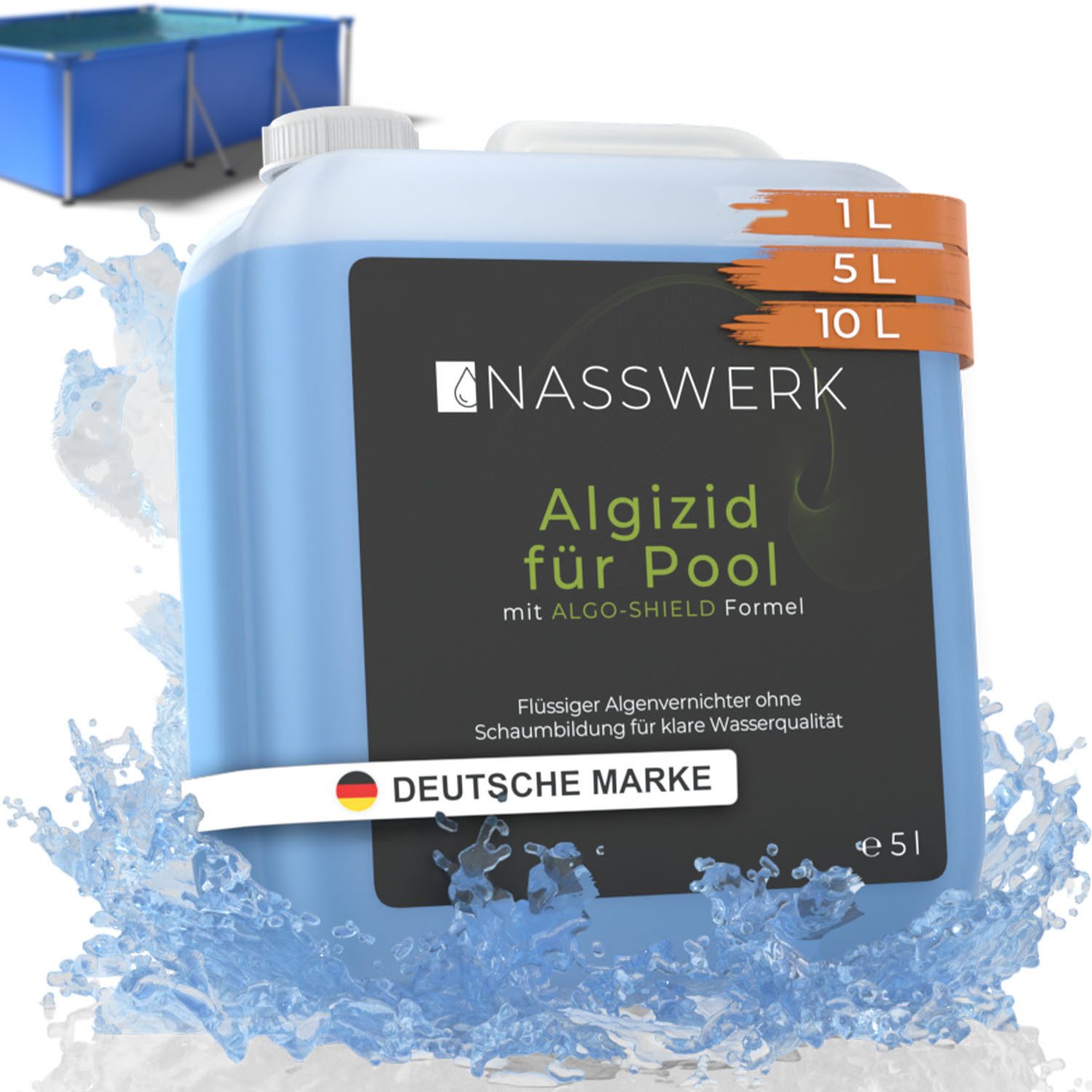 Nasswerk® Algenbekämpfung Schaumfreies Algizid flüssig blau mit Klareffekt für Pools 5-10 l, Flüssiges Pool-Algizid mit ALGO-SHIELD Formel