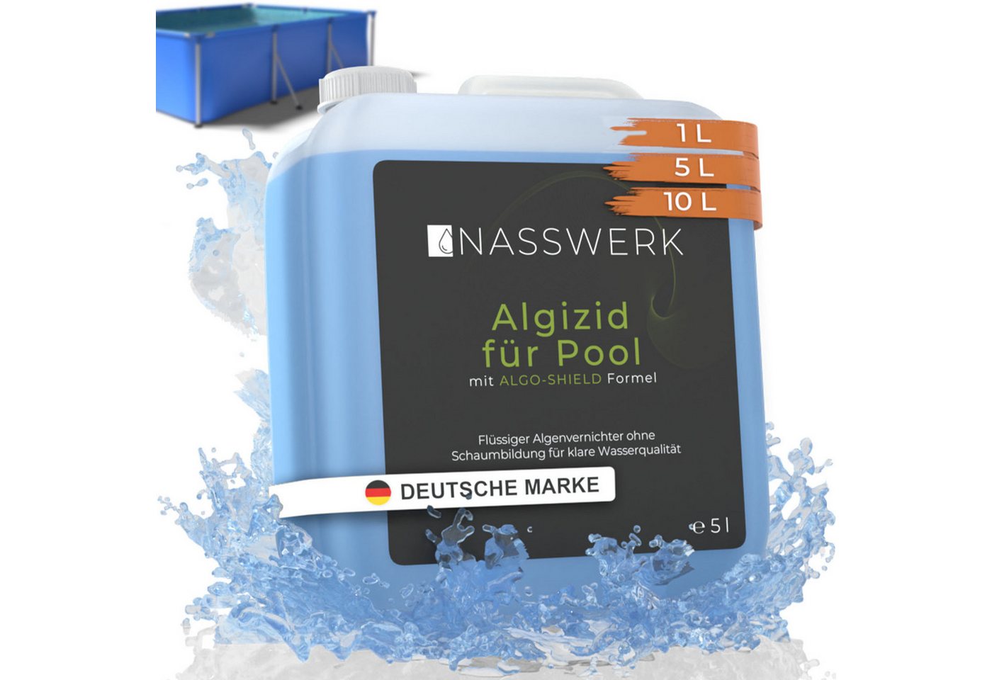 Nasswerk® Algenbekämpfung Schaumfreies Algizid flüssig blau mit Klareffekt für Pools 5-10 l, Flüssiges Pool-Algizid mit ALGO-SHIELD Formel